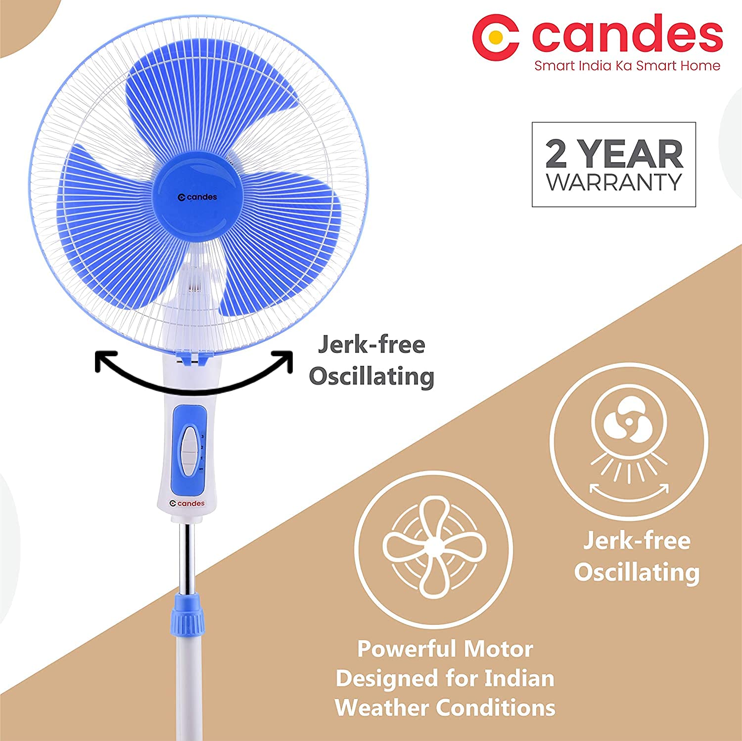 Candes Platine 400mm 3 Blade Automatic Oscillation Pedestal Fan With 2 Years Warranty (White Blue) - view 2