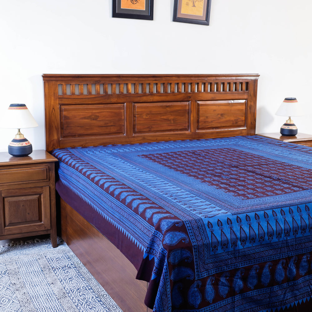 BAGH PRINTS BY UMAR FARUK KHATRI Blue - Bagh Block Printed Natural Dyed Pure Cotton Double Bed Cover (110 x 88 in)