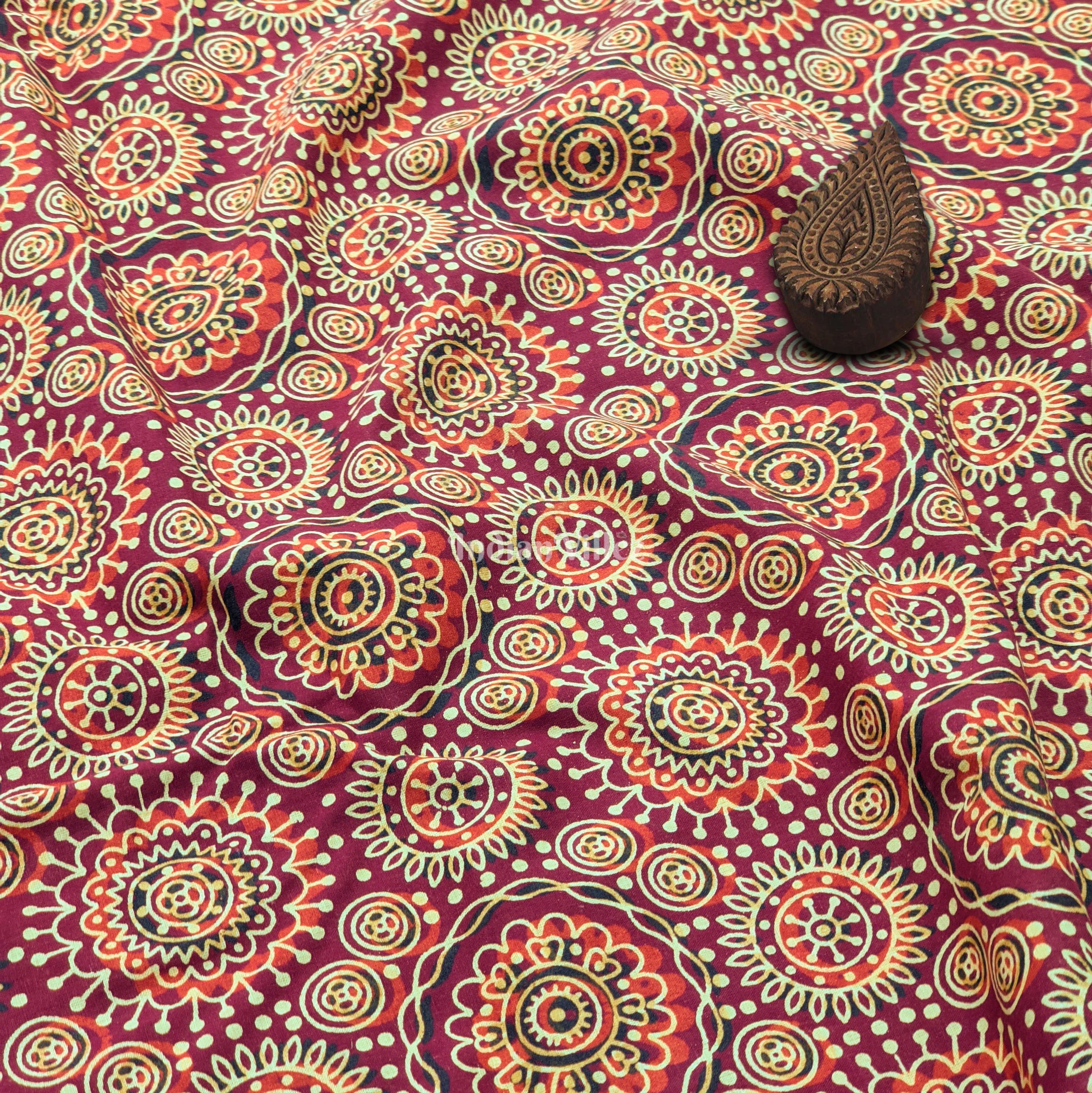 IndianVillèz Maroon Multicolored Floral Hand Block Printed Cotton Fabric