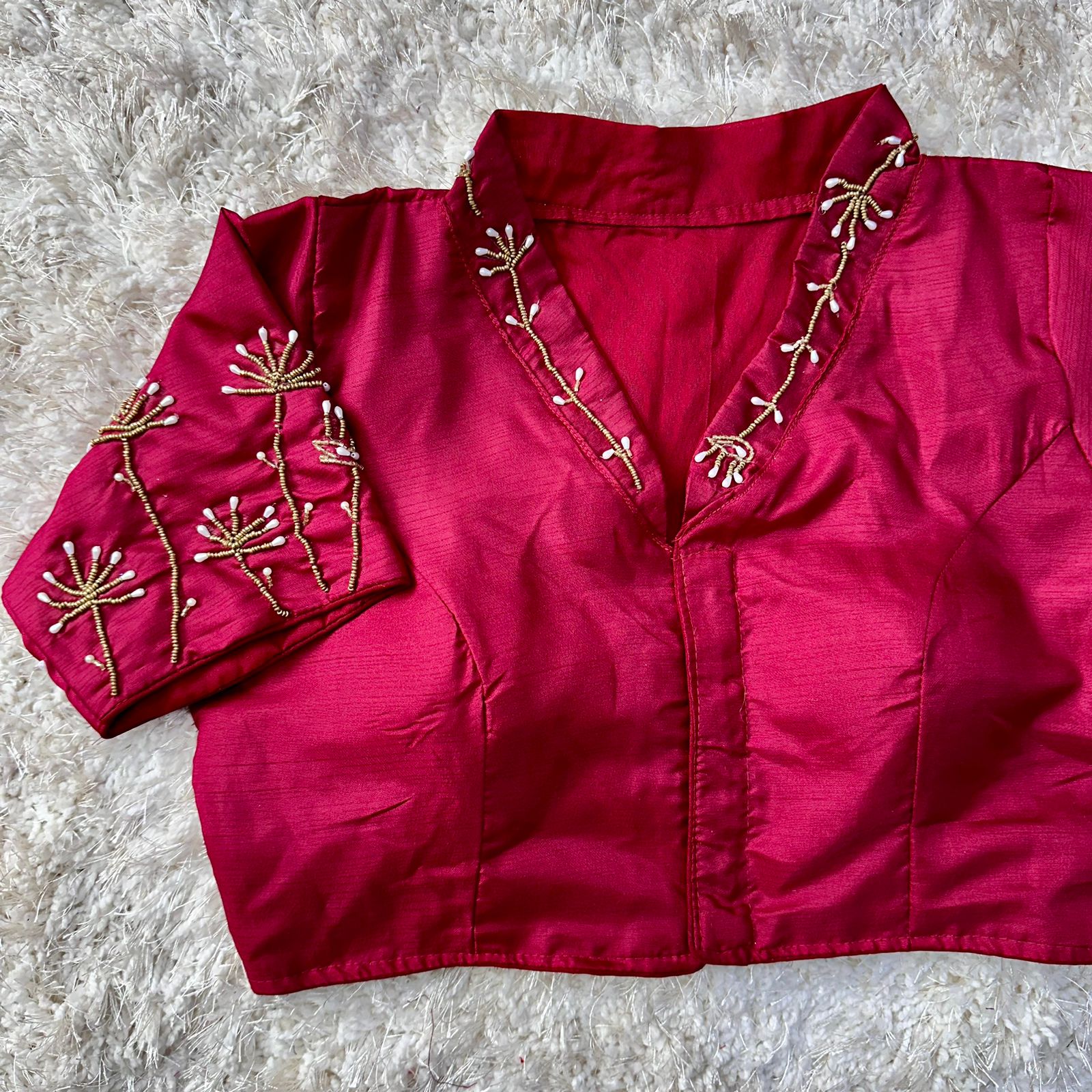 ClothsVilla Maroon Pista Silk Blouse with Handwork and Designer Handcrafted Collar