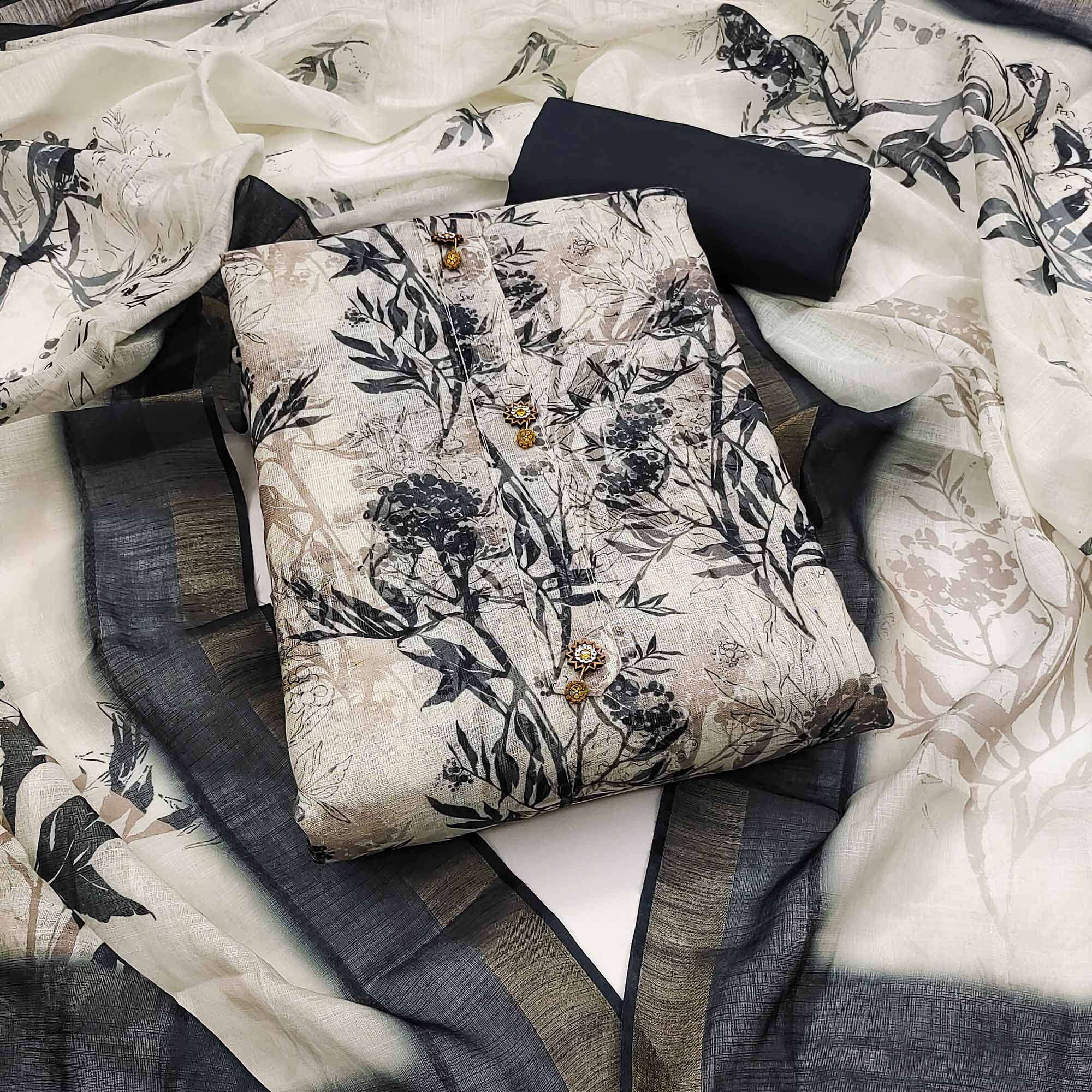 Peachmode White Floral Printed Linen Dress Material