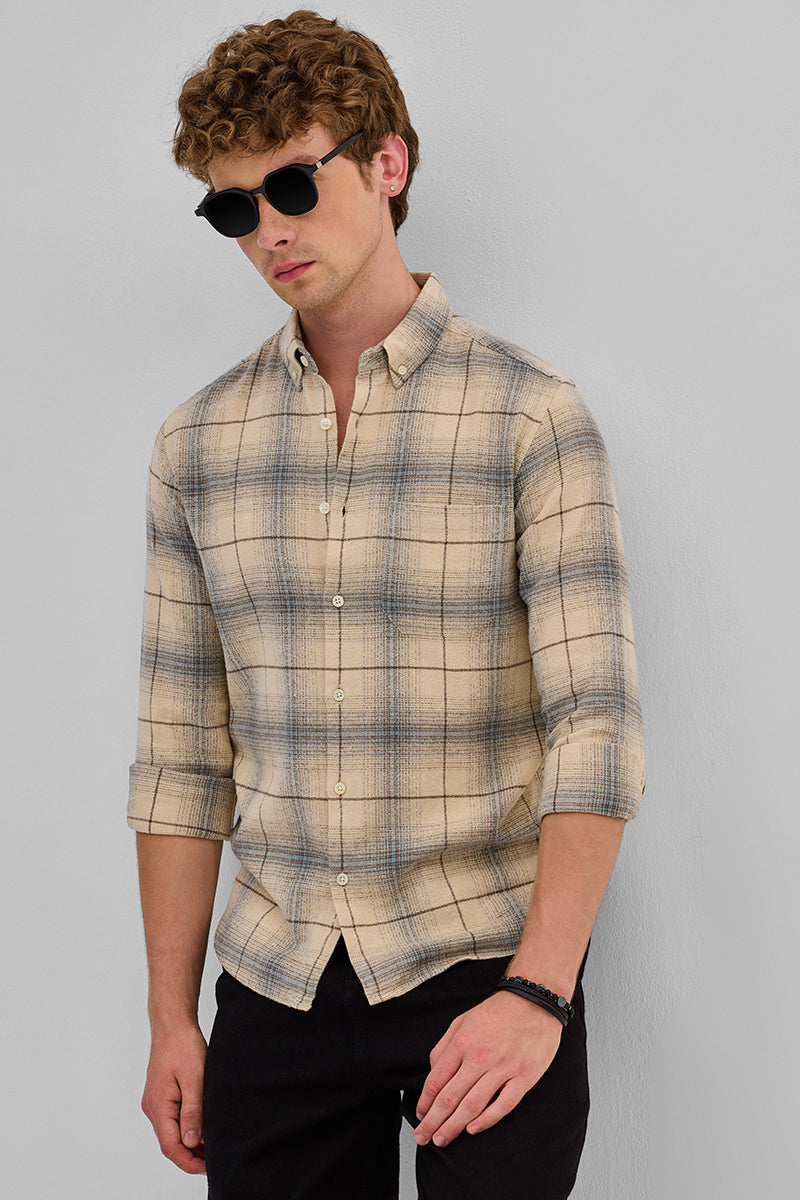 SNITCH Beige Checks Slim Fit Shirt