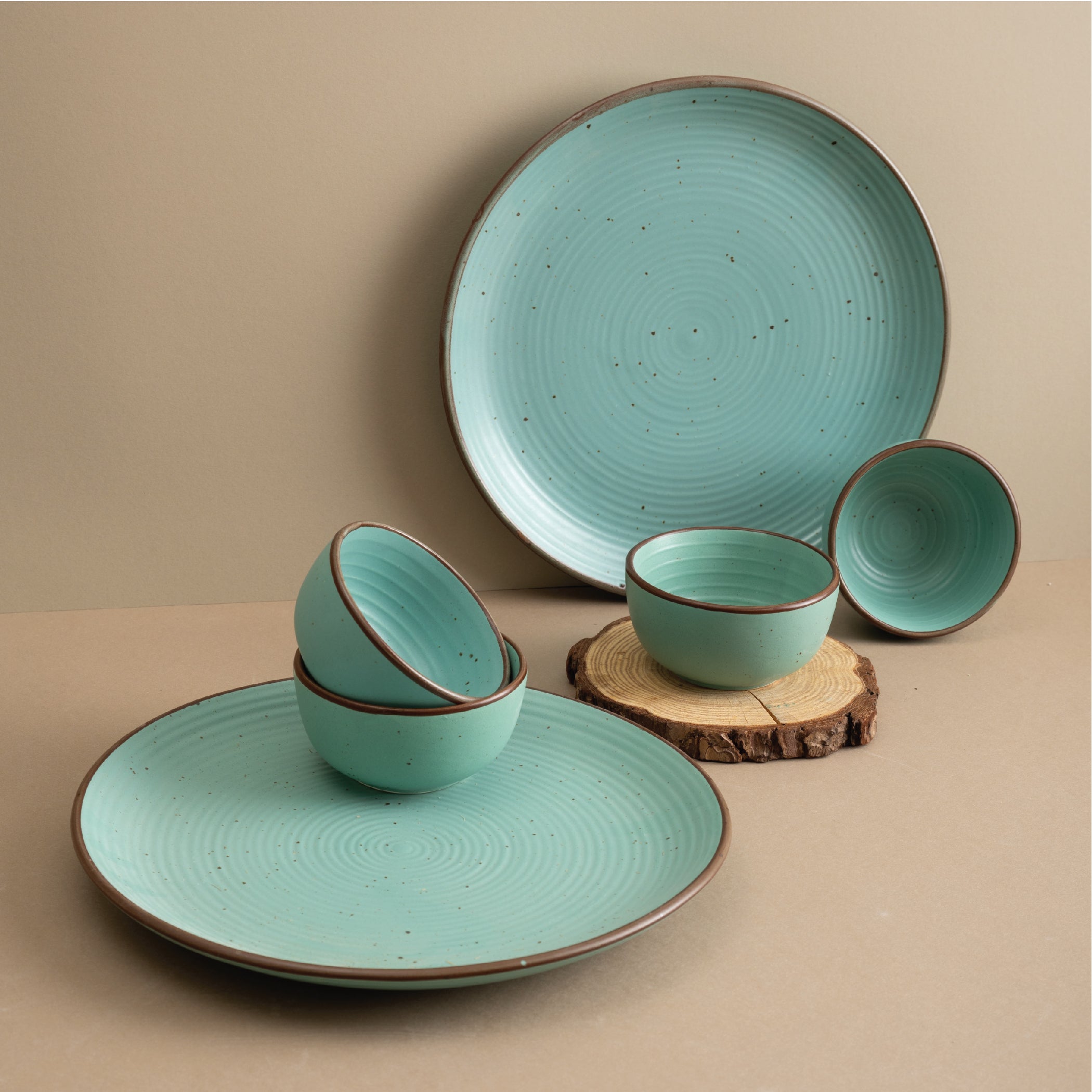 Urban Space Home Furnishing Handmade Ceramic Dinner Set for 2, set of 2 Dinner plates and 4 katoris, Set of 6, Ocean Green