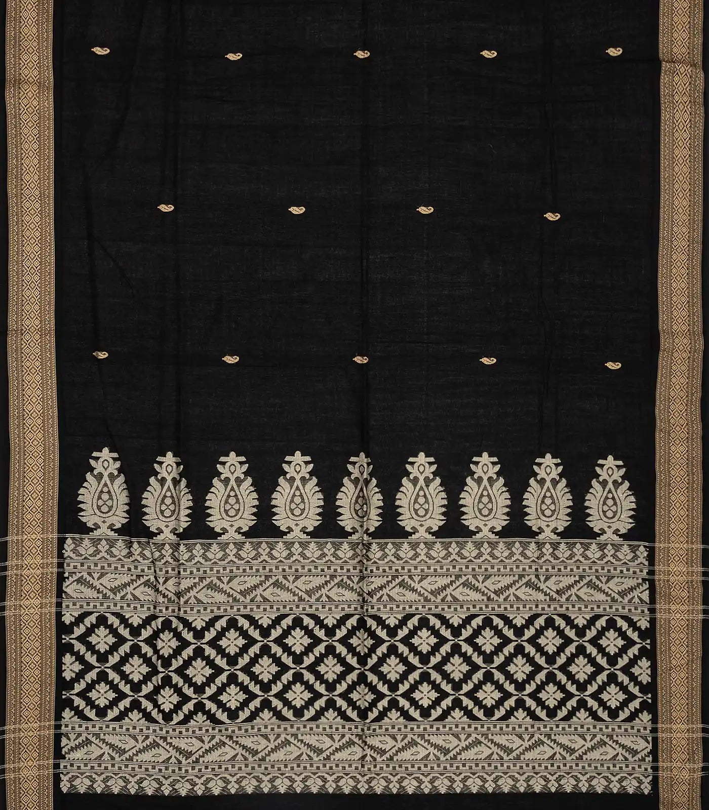 RmKV Black Handloom Bengal Cotton Saree With Mango Buttas - view 2