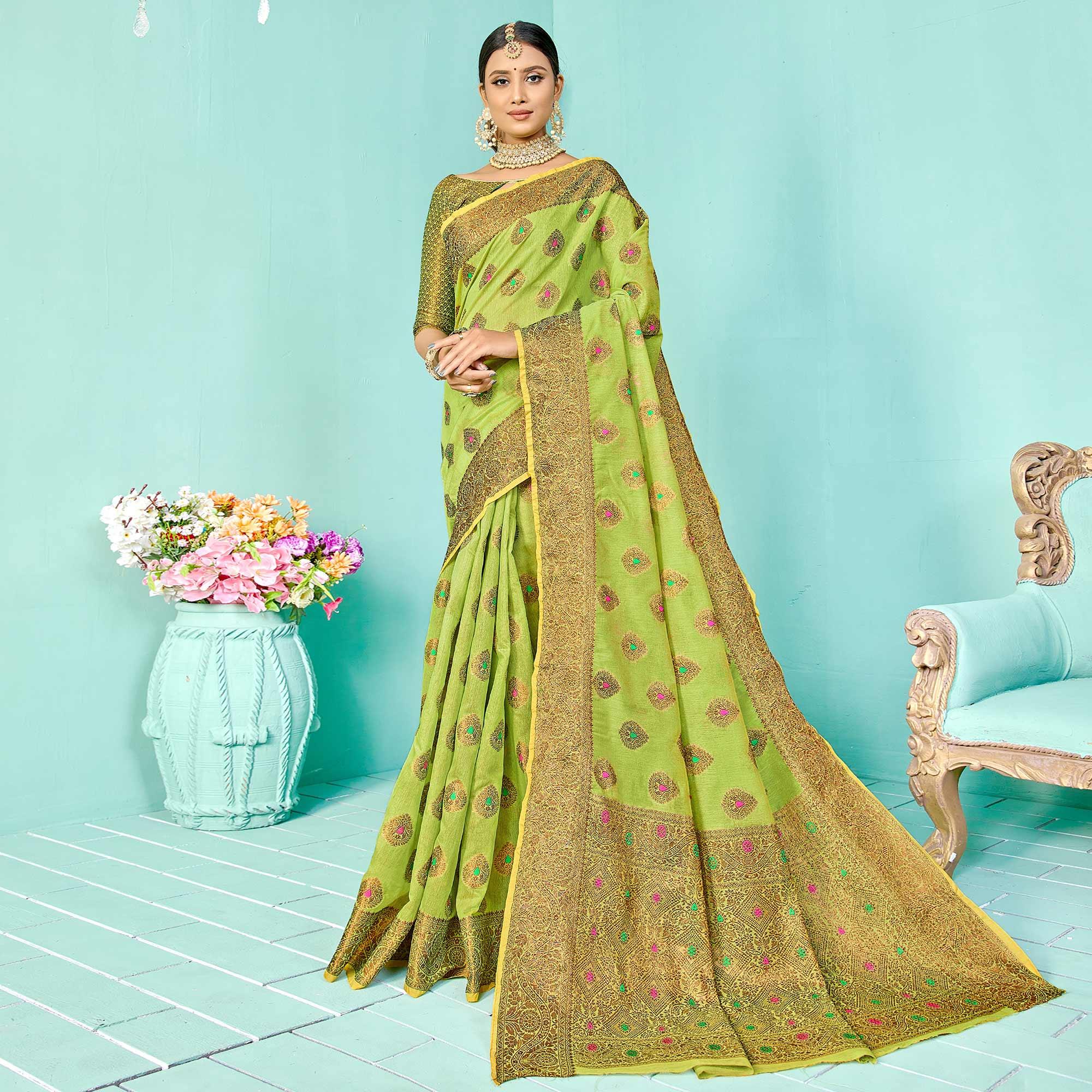 Peachmode Intricate Pista Green Festive Wear Woven Designer Silk Saree