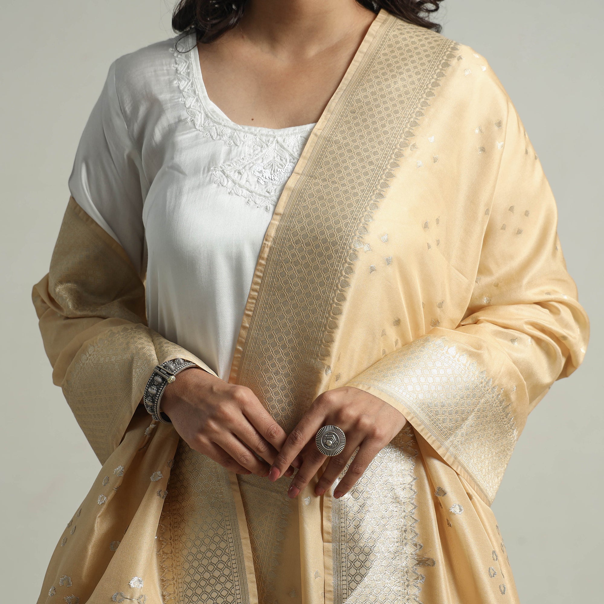 BANARASI BY MAQBUL HASAN Beige - Banarasi Semi Silk Zari Jaal Dupatta with Tassels 05 - view 3