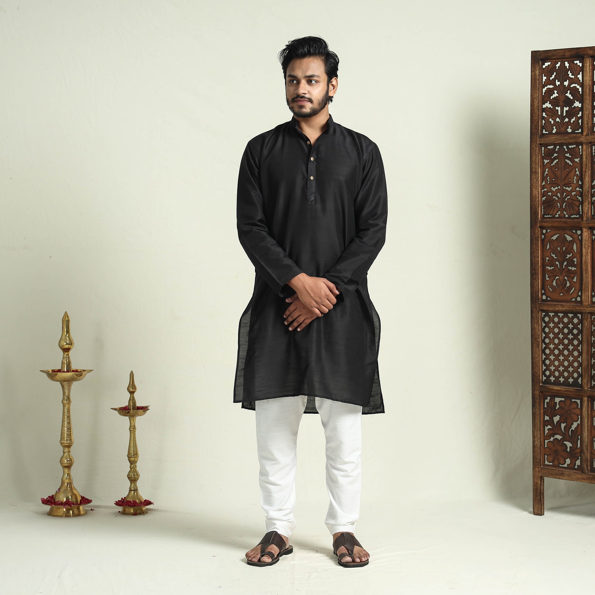 ITOKRI CASUALS Black - Plain Dyed Slub Silk Men Long Kurta