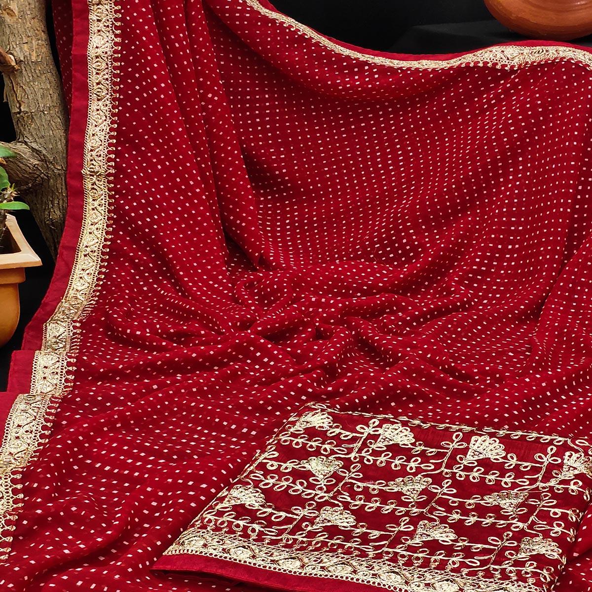Peachmode Dark Red Festive Wear Printed With Lace Border Georgette Saree - view 2