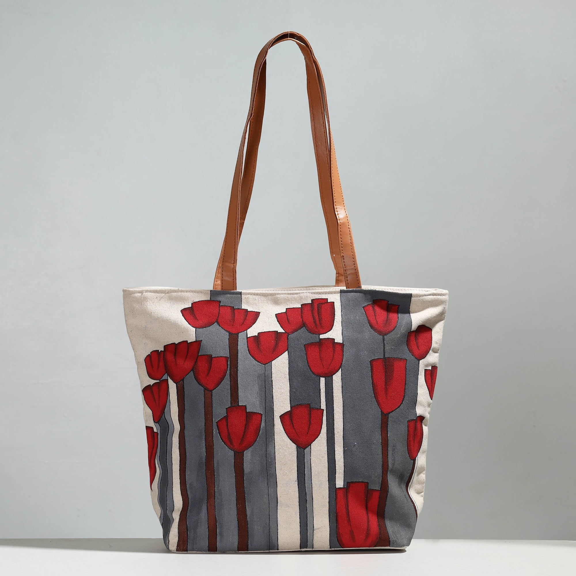 KHUSHBASH - HAPPY LOOM OF EAST Beige - Red Flower - Handpainted Canvas Cotton Shoulder Bag 01 - view 2