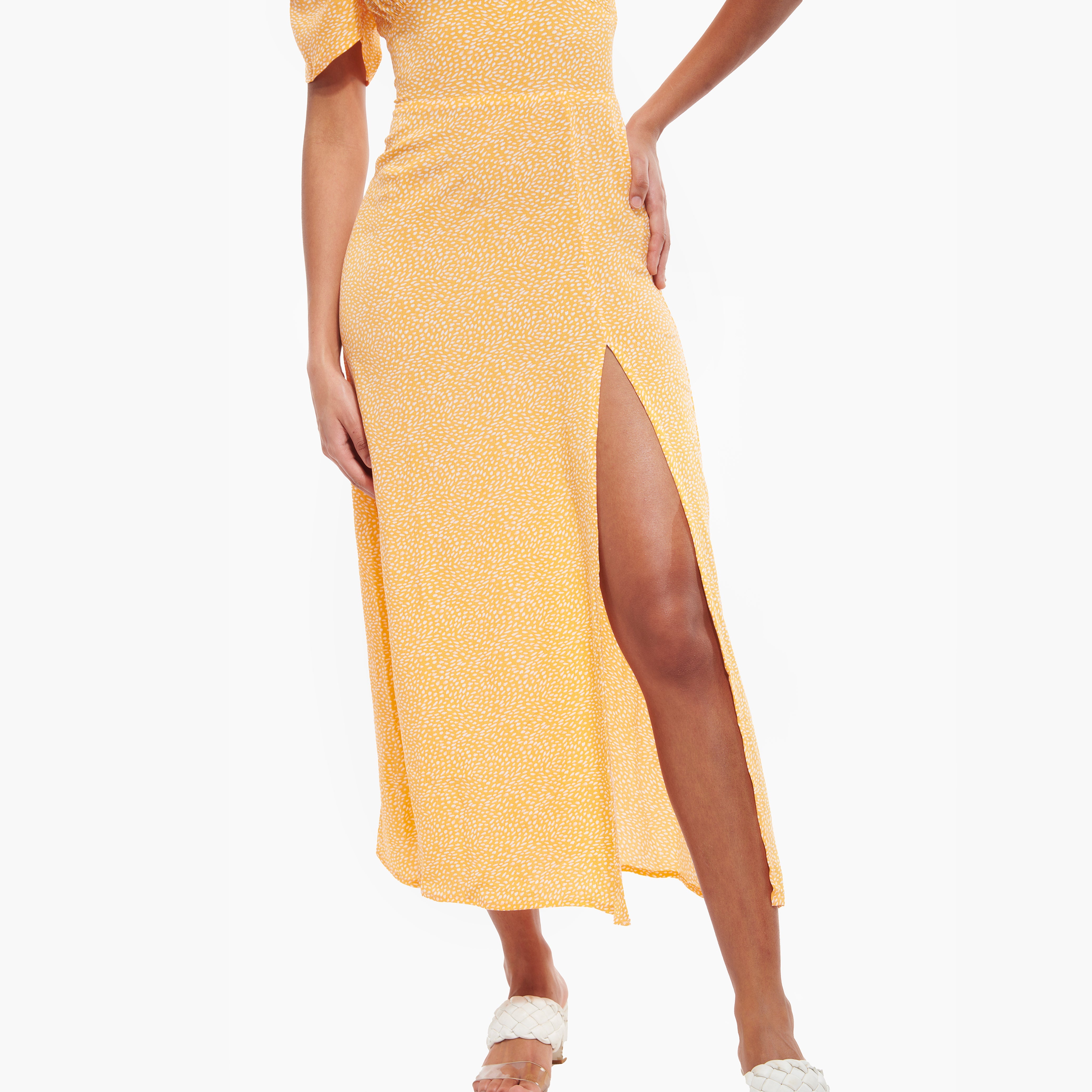 Cottage Core Orange High Side Slit Midi Summer Dress - view 4