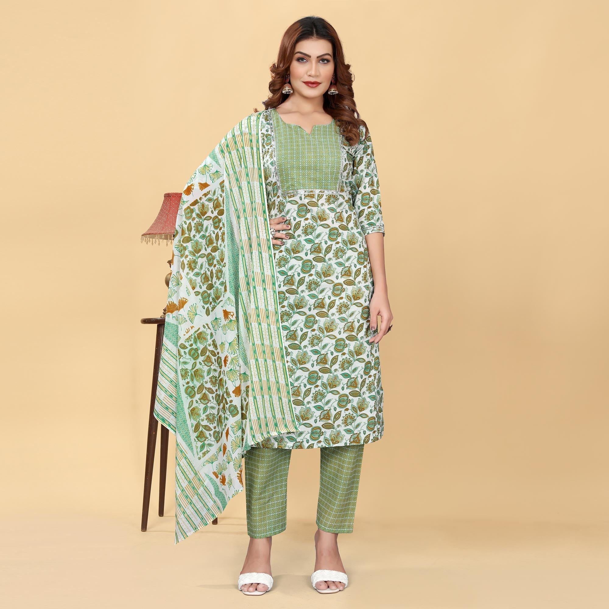 Peachmode Seller Light Green Floral Printed Cotton Blend Salwar Suit - view 2