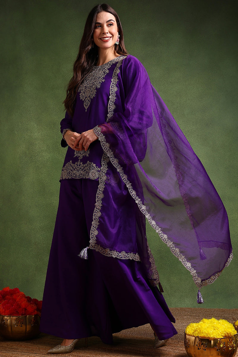 Ahika Purple Silk Blend Solid Embroidered Straight Palazzo Suit Set PKSKD2706