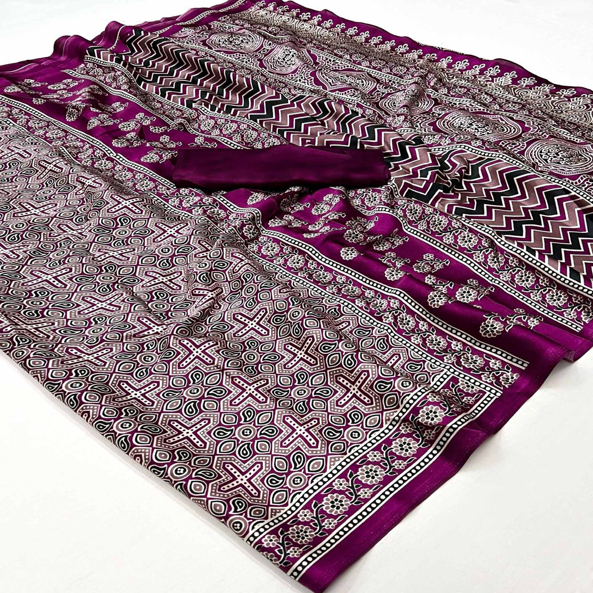 Peachmode Magenta Ajrakh Printed Satin Saree – Women's