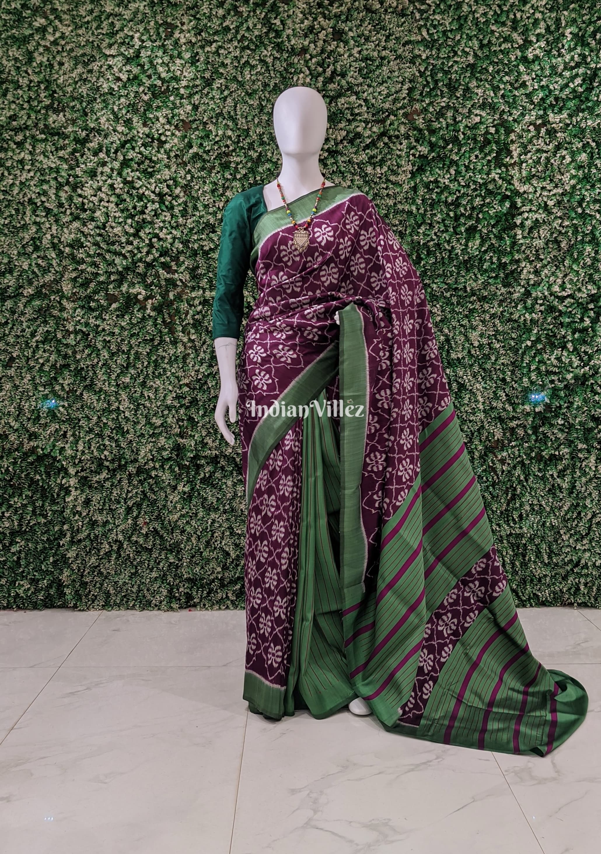 IndianVillèz Coffee Forest Green Odisha Ikat Contemporary Silk Saree