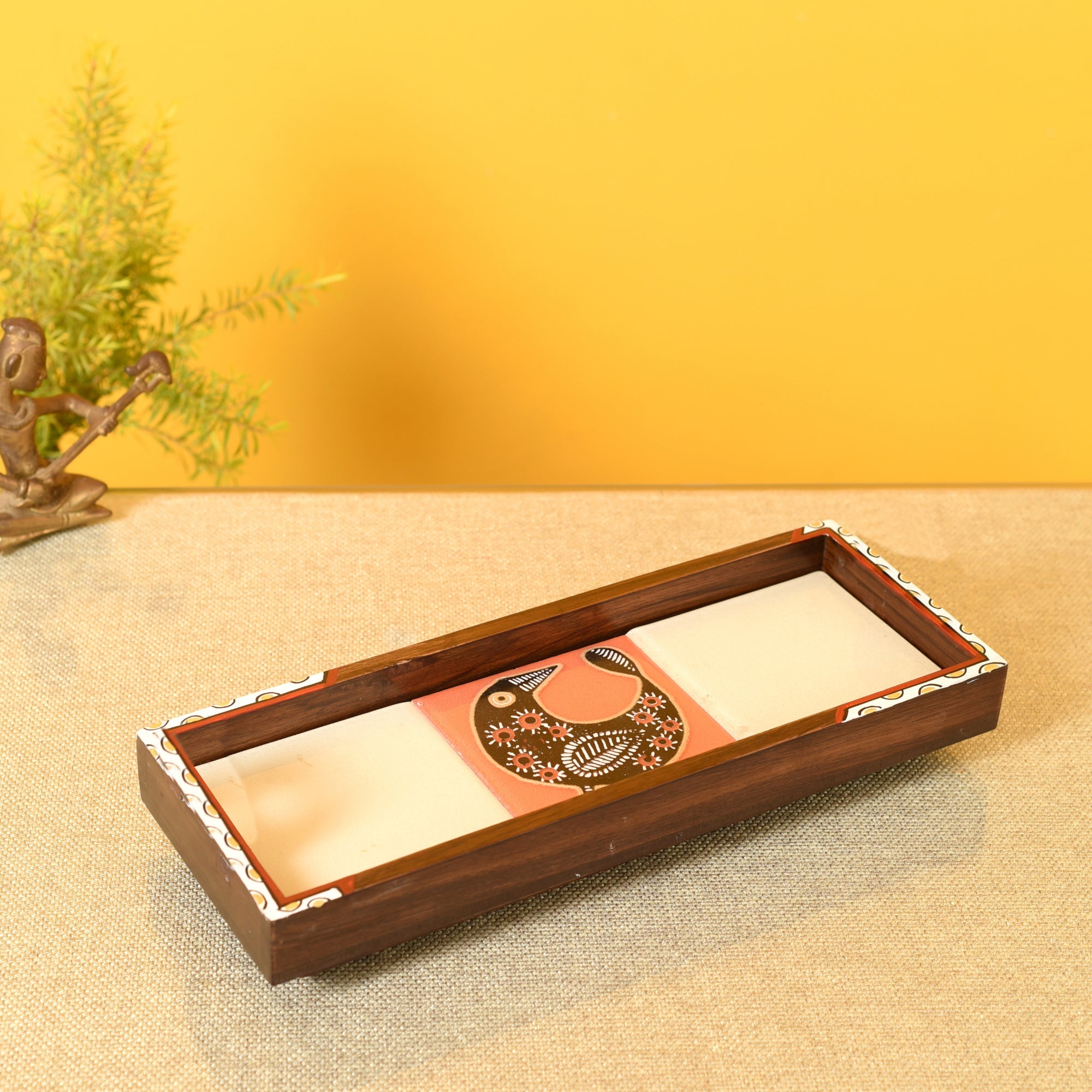 ART CREATIONS BY SUMAN SONTHALIA Beige - Mango Wood Handcrafted Cuckoo Rectangular Tray (12.5 x 5 in)