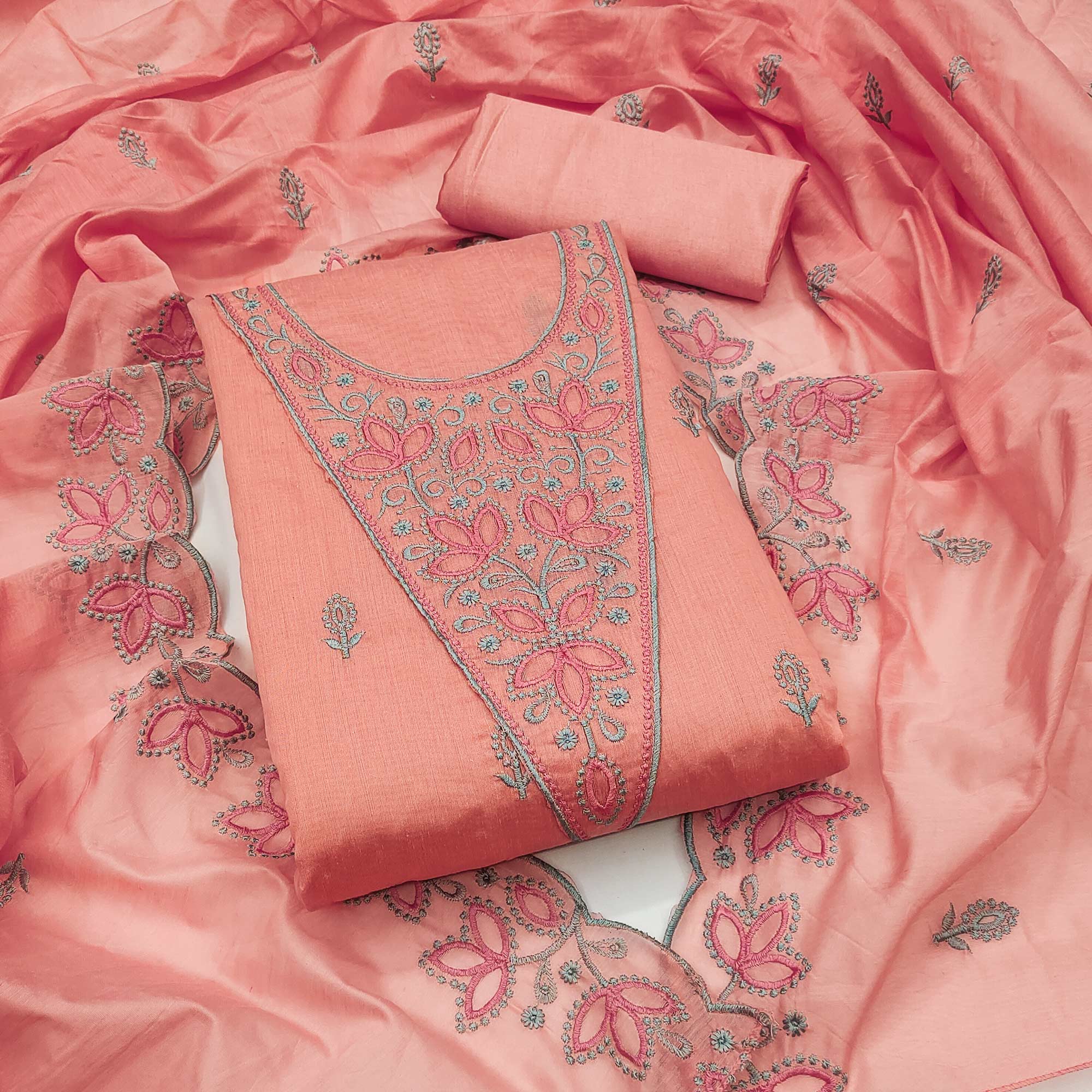 Peachmode Dark Peach Floral Embroidered Chanderi Dress Material - view 3