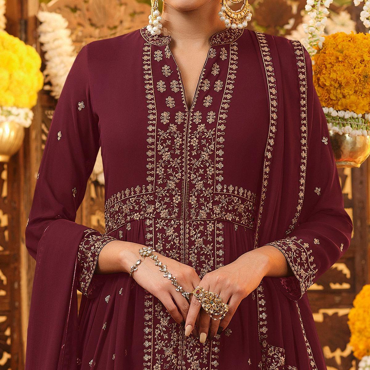 Peachmode Maroon Embroidered Georgette Anarkali Suit - view 4