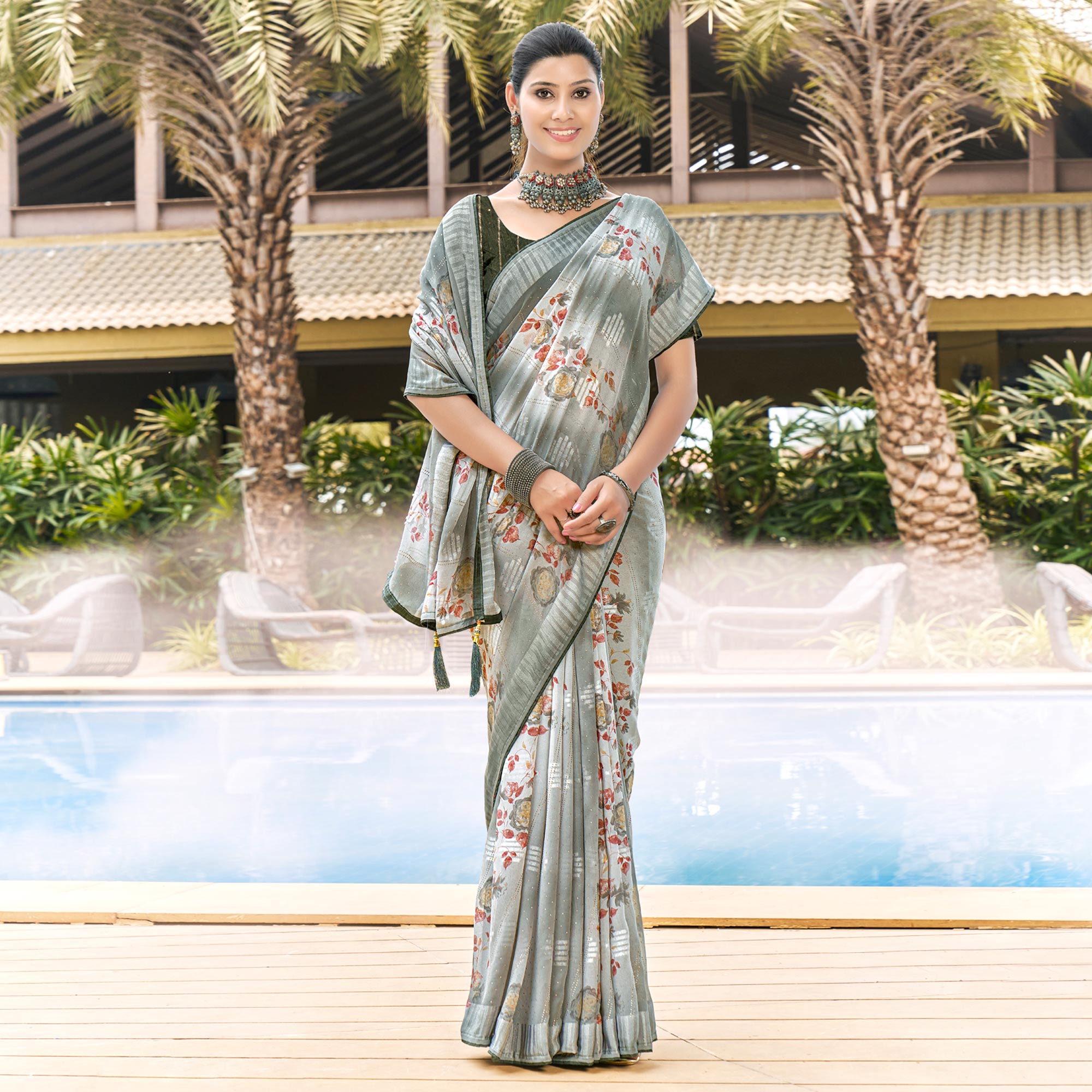 Peachmode Grey Printed Georgette Saree With Swarovski Work