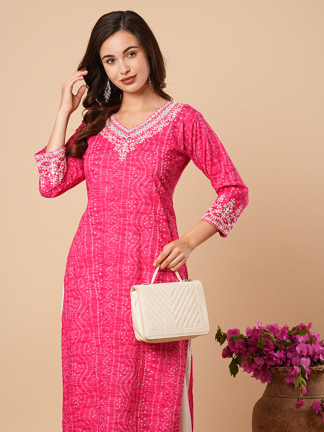 Fashor Bandhani Printed Ethnic Embroidered Straight Fit Kurta - Pink