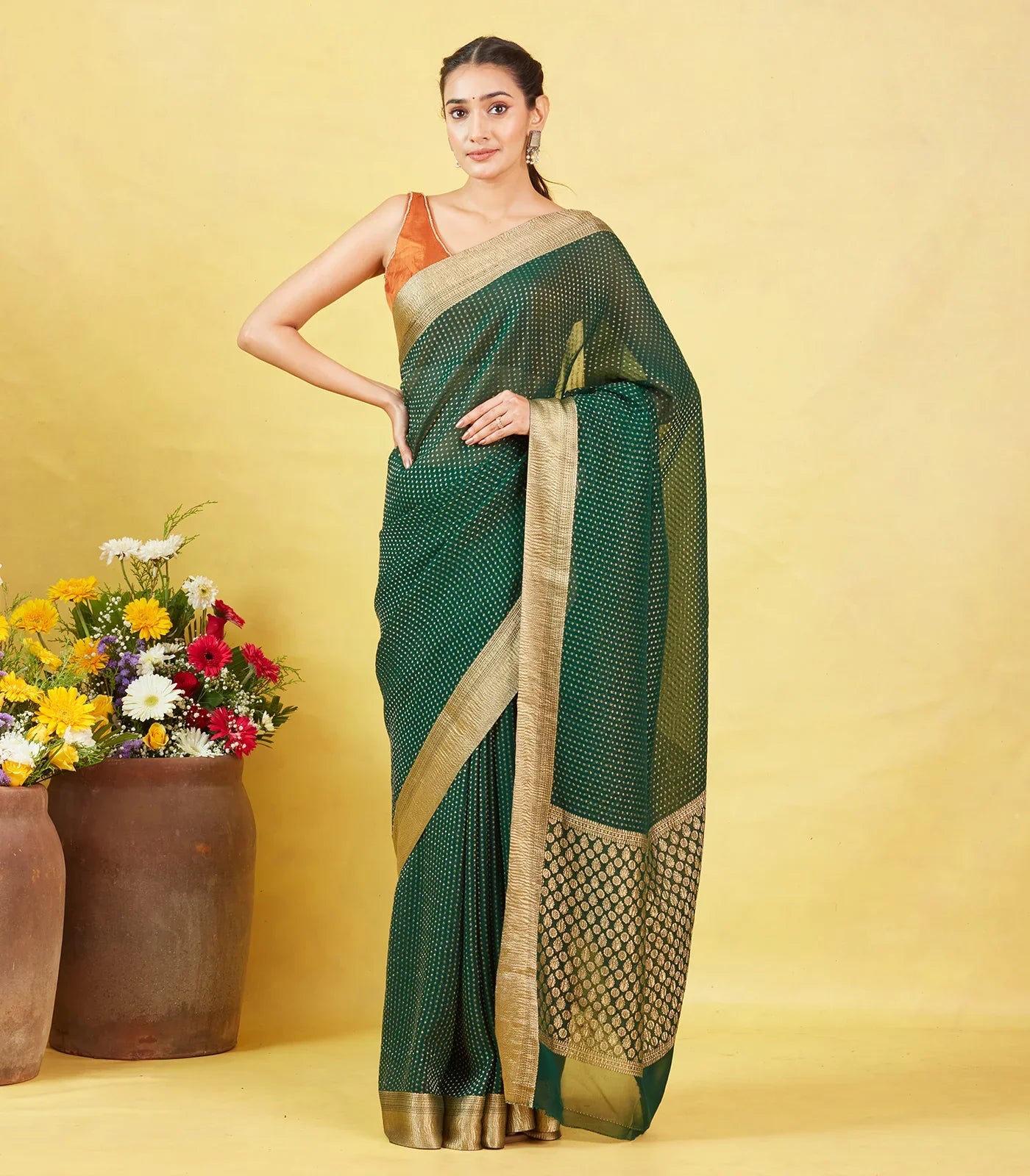 RmKV Bottle Green Mysore Crepe Silk Saree With Floral Motifs & Zari Border