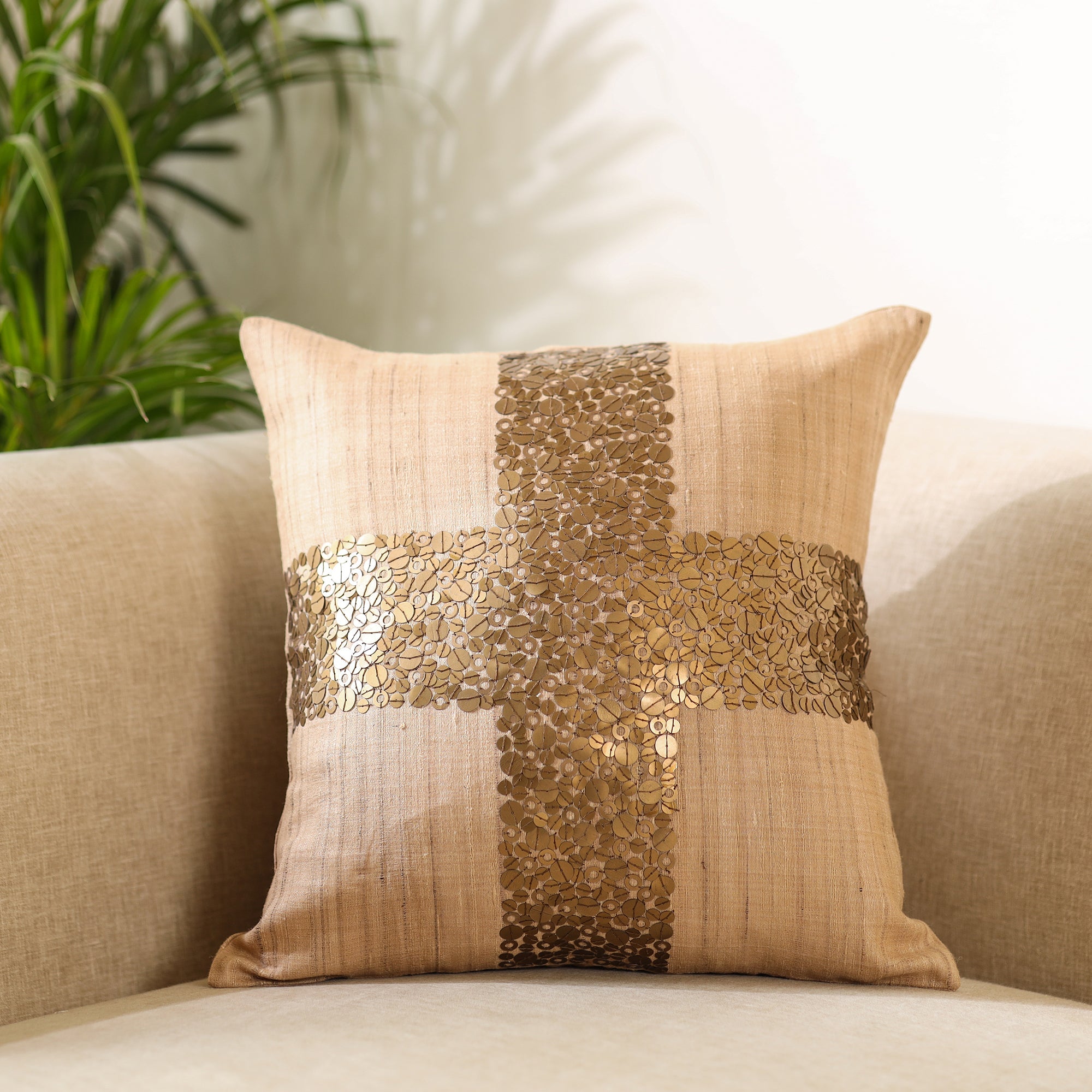 CHHATTISGARH HASTSHILP VIKAS BOARD Brown - Aari Embroidery Sequin Work Mercerised Ghicha Silk Cushion Cover (16 x 16 in)