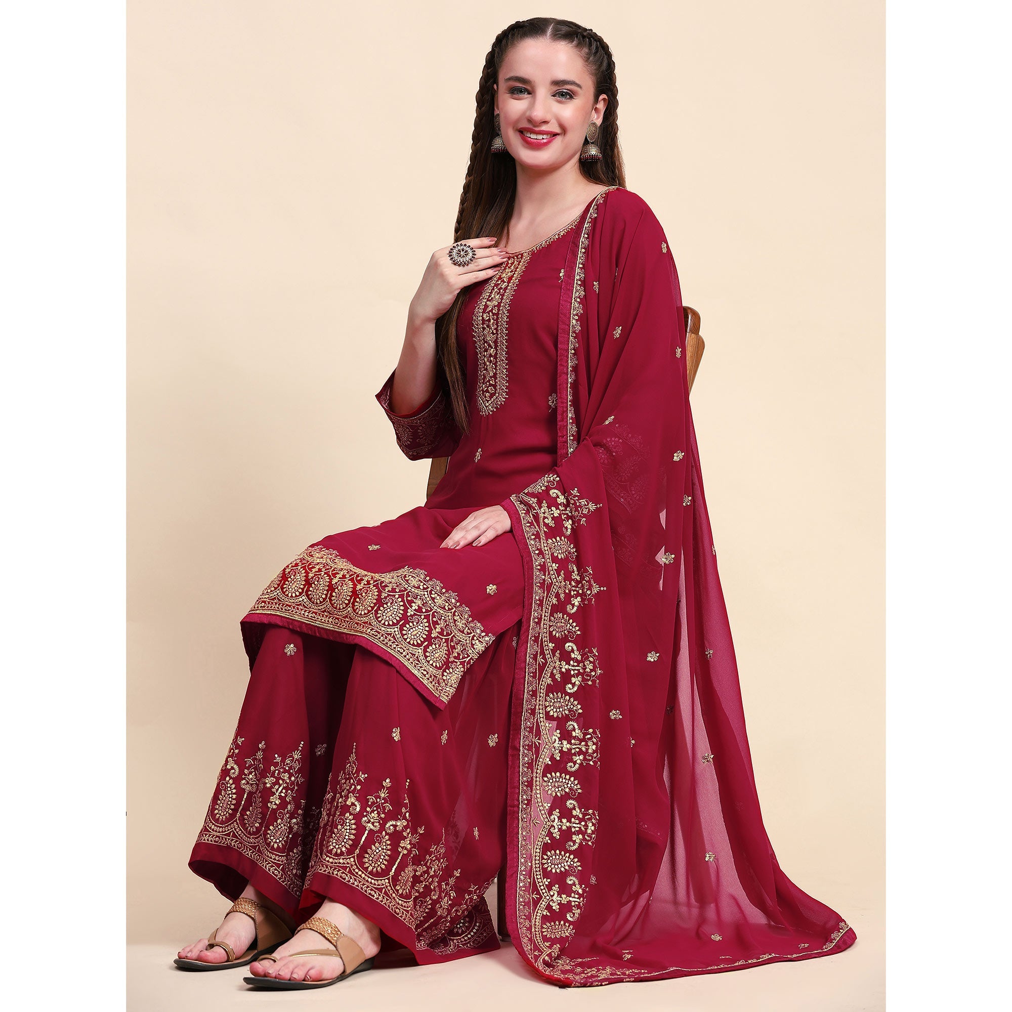 Peachmode Maroon Floral Embroidered Georgette Semi Stitched Suit - view 7