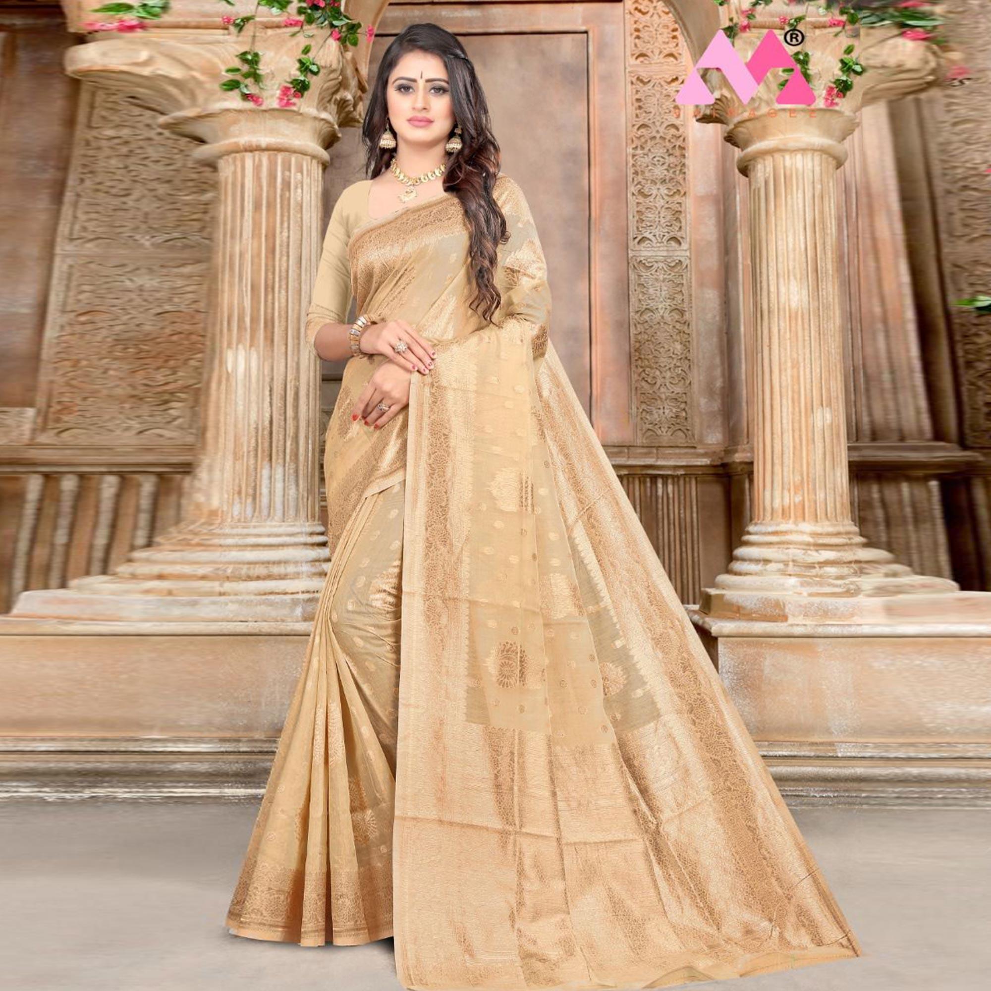 Peachmode Chikoo Festive Wear Woven Chanderi Silk Saree