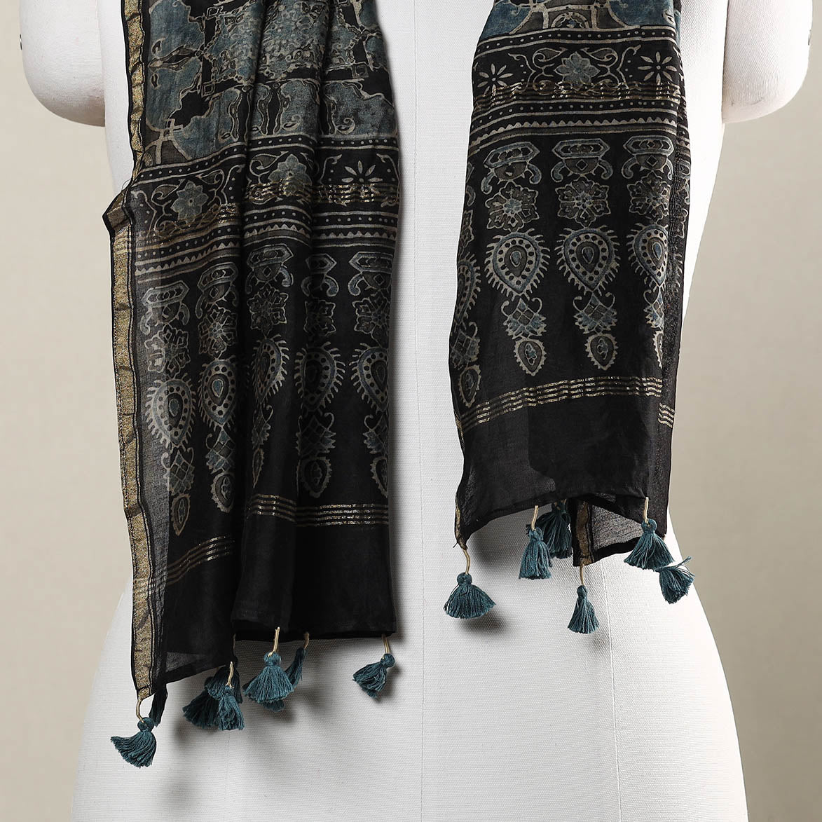 AJRAKH BY SUFIYAN ISMAIL KHATRI Black - Ajrakh Hand Block Printed Chanderi Silk Handloom Stole with Tassels - view 3