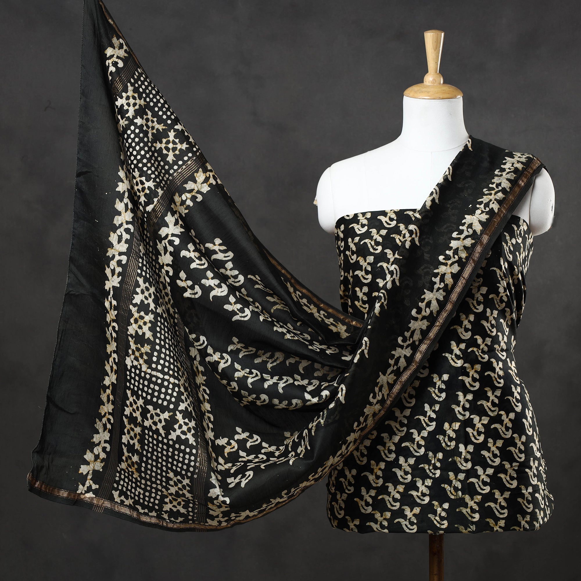 BATIK BY MD. SHARIFF Black - 3pc Chanderi Silk Hand Batik Print Dress Material