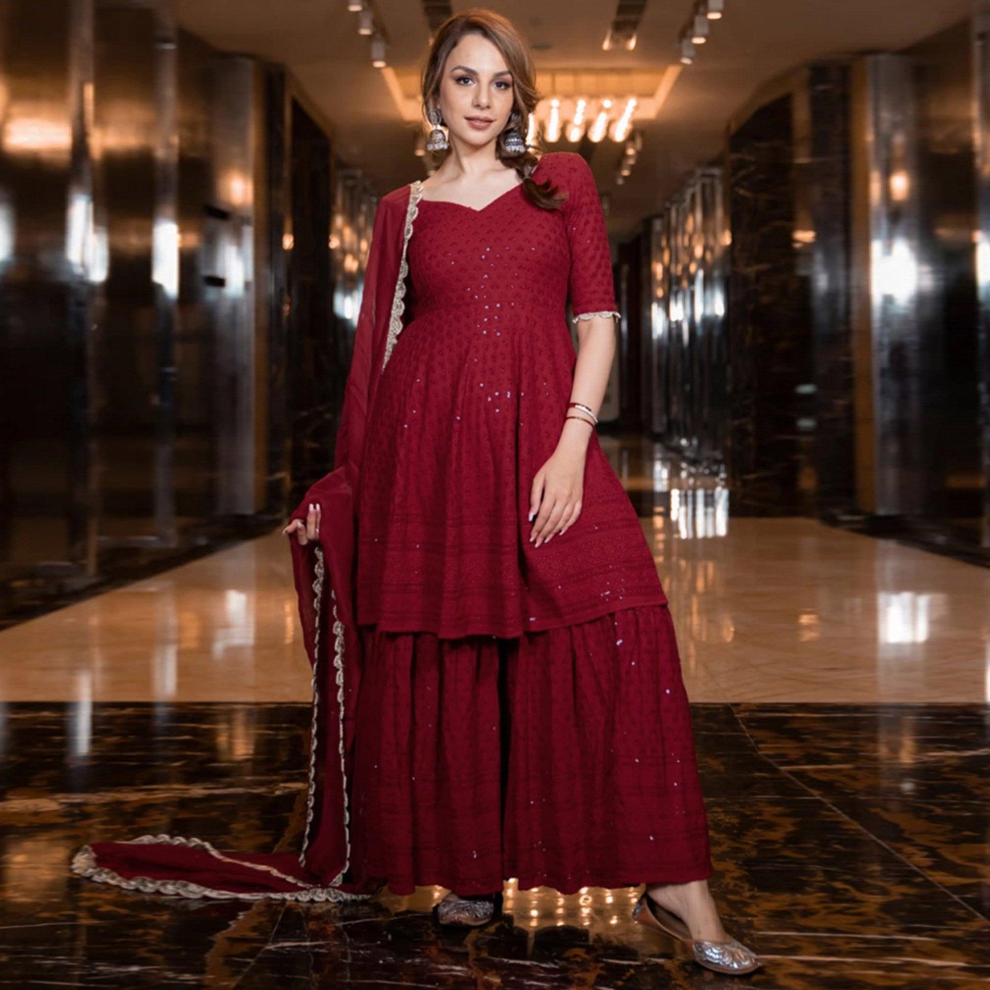 Peachmode Seller Maroon Partywear Lucknowi Chikankari Rayon Sharara Suit