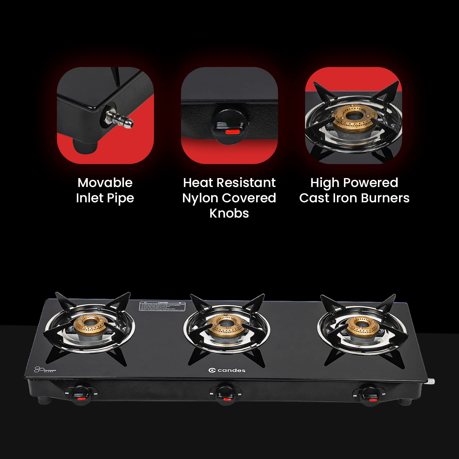 Candes Flame Glass Top Gas Stove, Manual Ignition, Black (ISI Certified, with 12 Months Warranty (3 Burner) - view 4