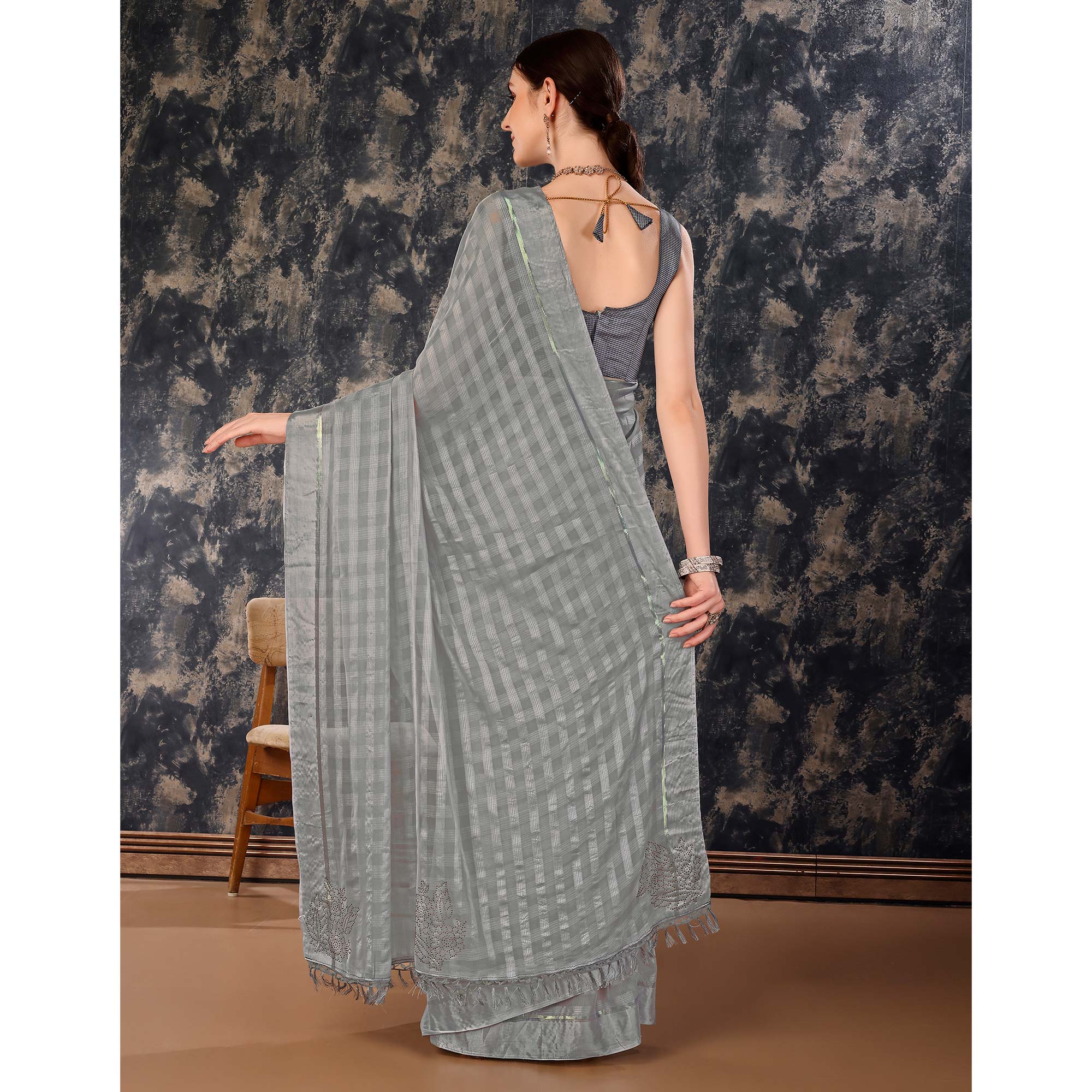 Peachmode Grey Swarovski Work Chiffon Saree With Tassels - view 6