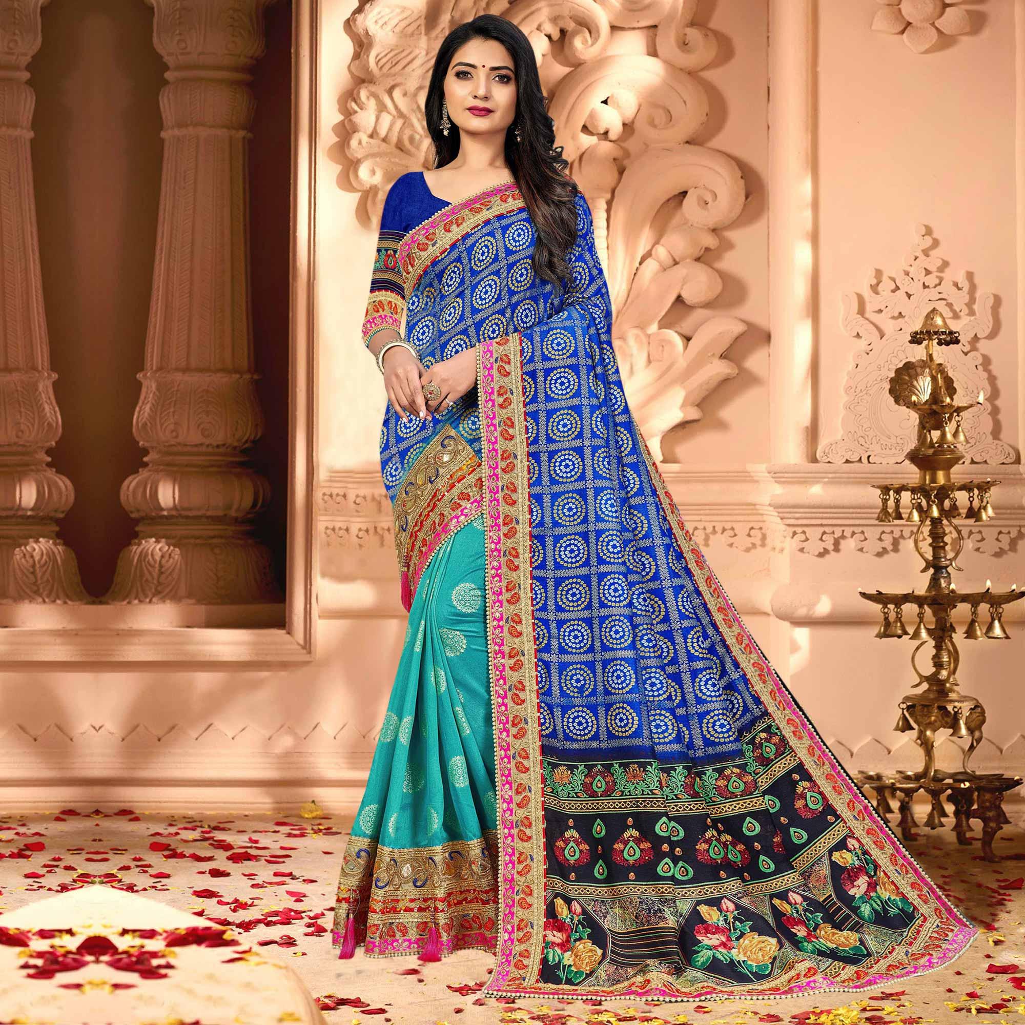 Peachmode Glorious Blue & Turquoise Coloured Partywear Diamond Work Half & Half Art Silk Saree
