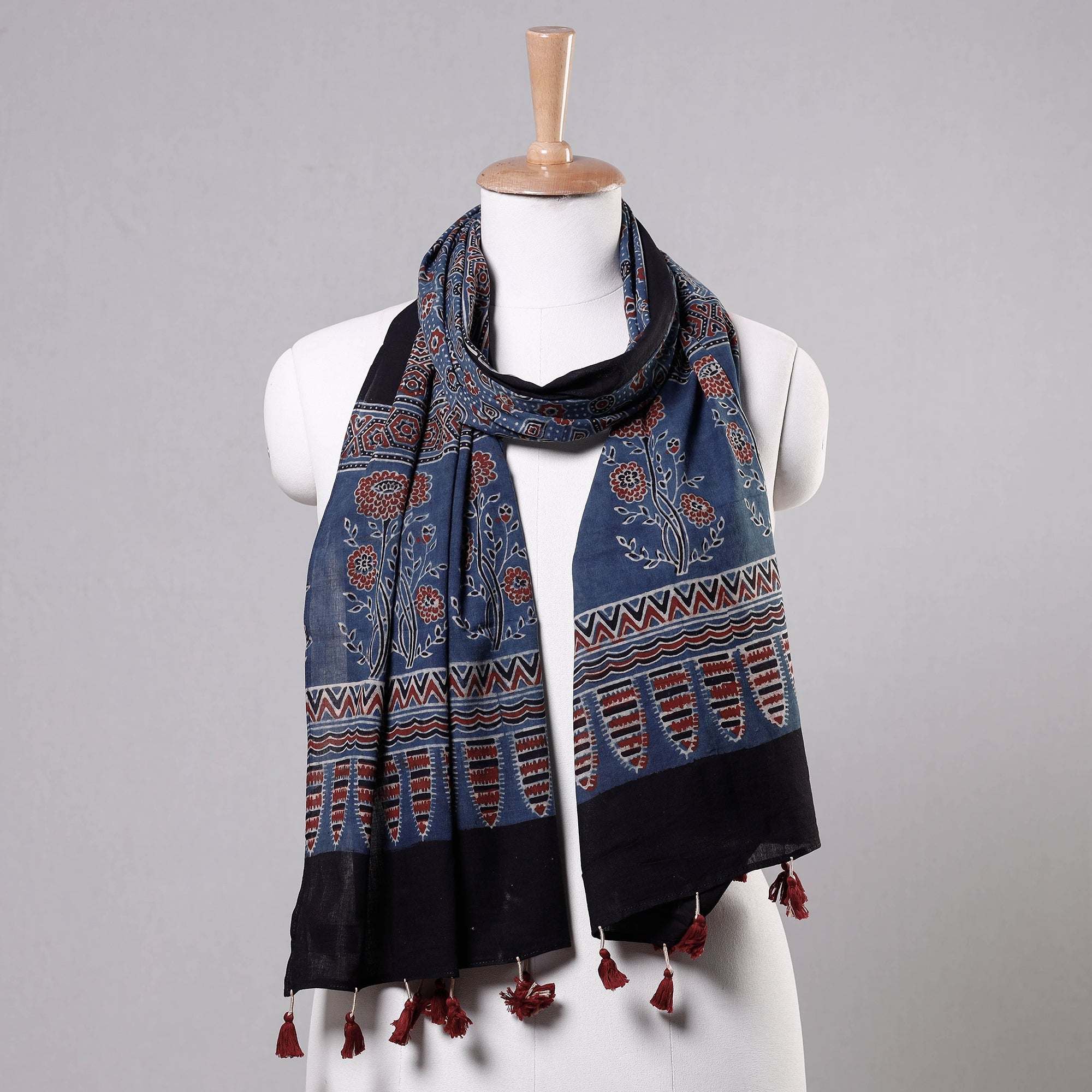 RIYAZ ABDULMAJID KHATRI - AJRAKH Blue - Ajrakh Block Printed Mul Cotton Stole with Tassels