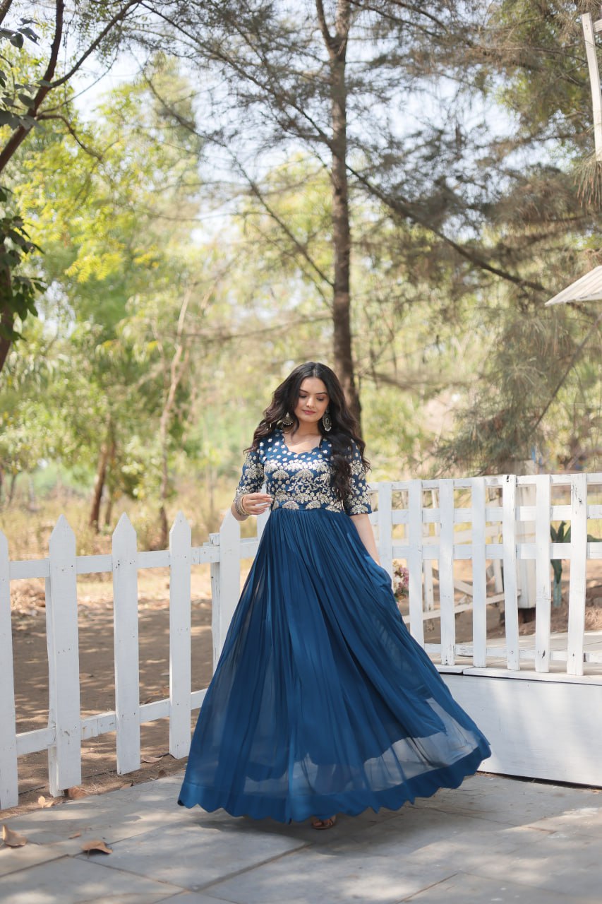 ClothsVilla Tea Blue Luxury Faux Blooming Designer Gown with Zari & Sequins Embroidery