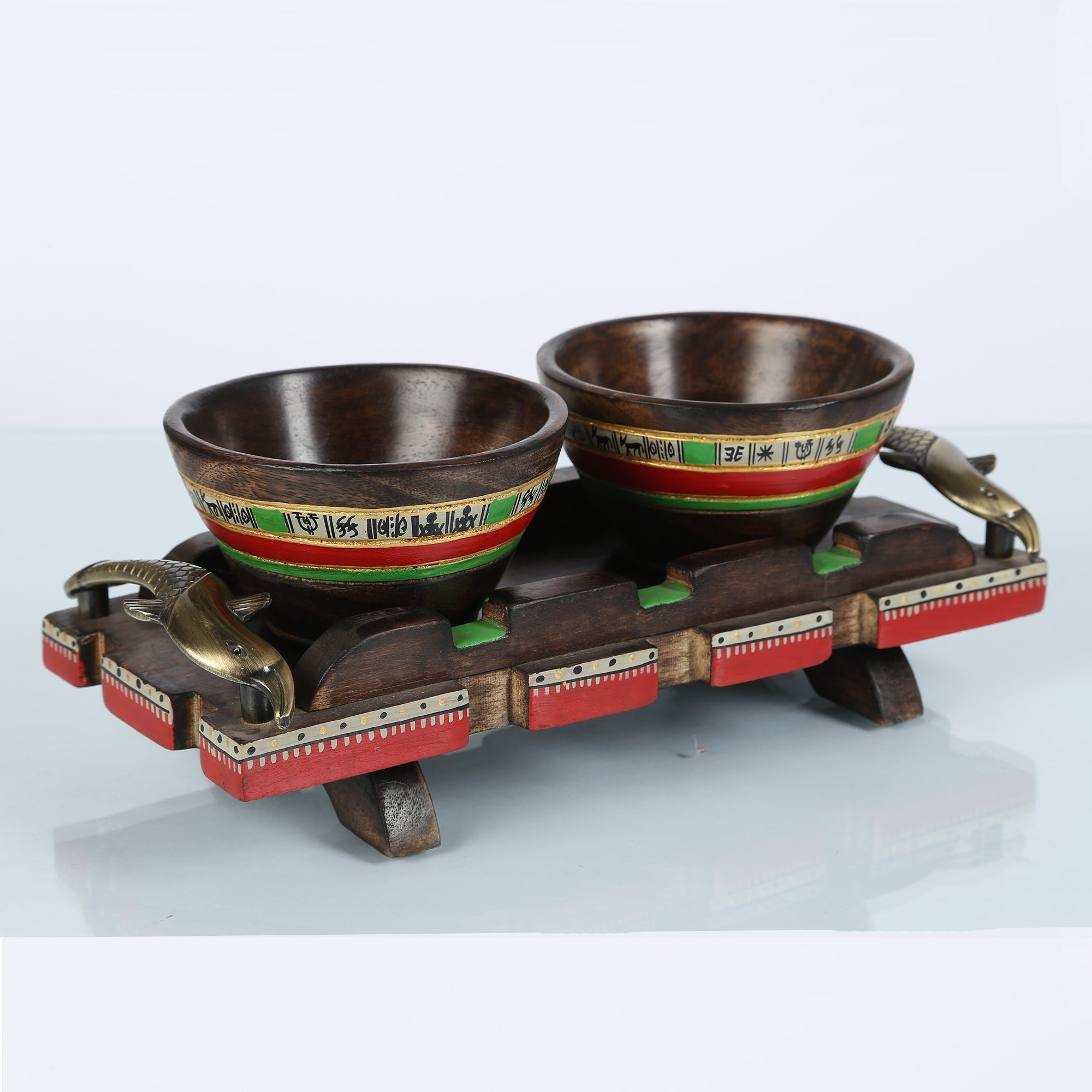 ART CREATIONS BY SUMAN SONTHALIA Brown - Bowls & Tray in Wood Hand-painted, Fish Handles So3 (11x5)