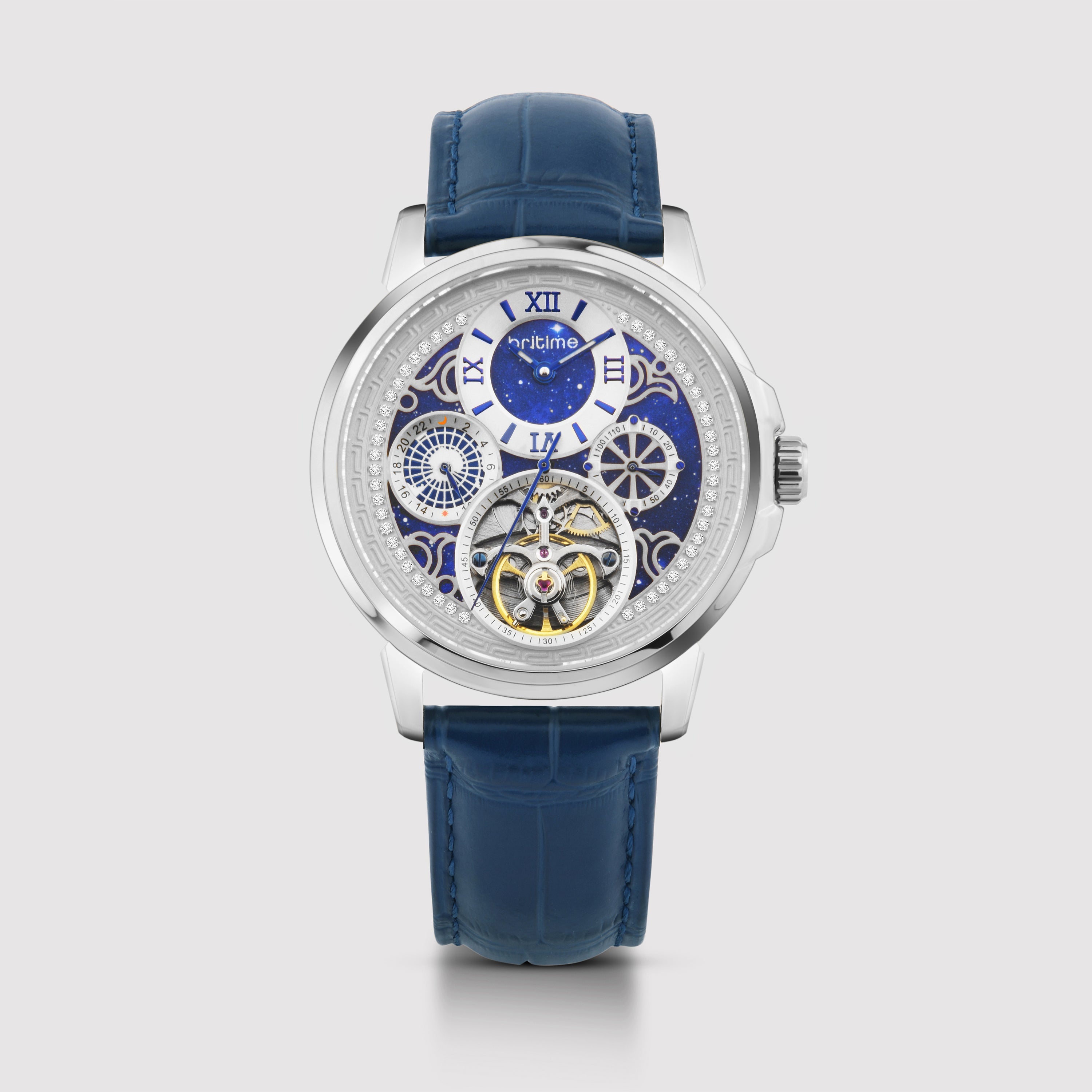 Britime Aquatica Men Automatic Blue Dial Multi-Function Leather Watch 274-L10507