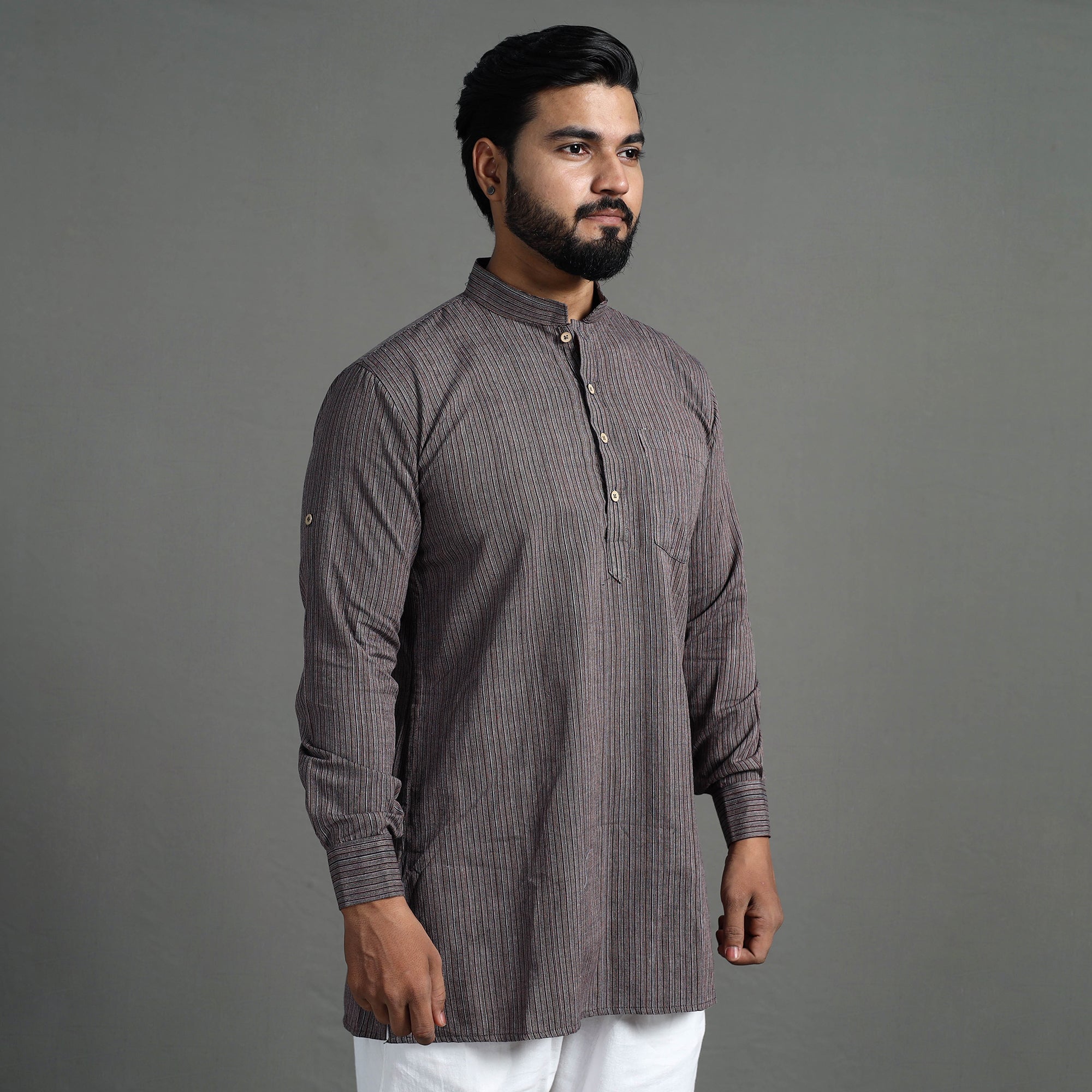 ITOKRI CASUALS Brown - Handloom Cotton Stripe Men Short Kurta - view 5