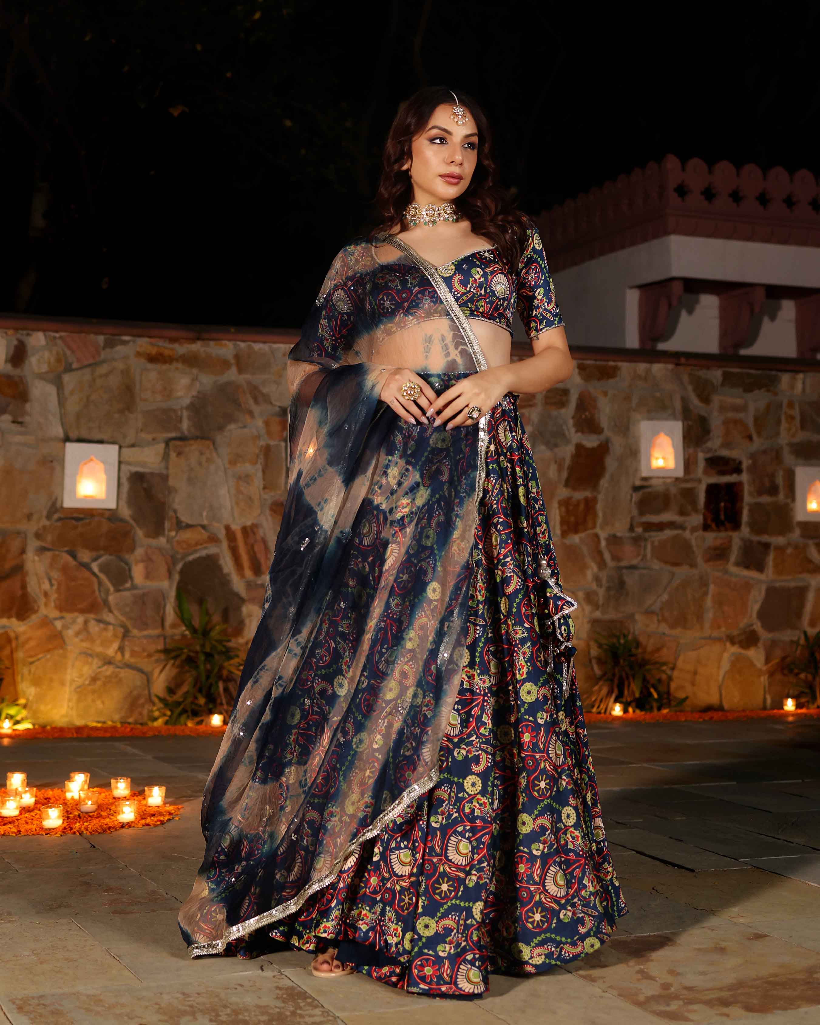 Aachho Laaya Blue Printed Hand Embroidered Satin Lehenga Set