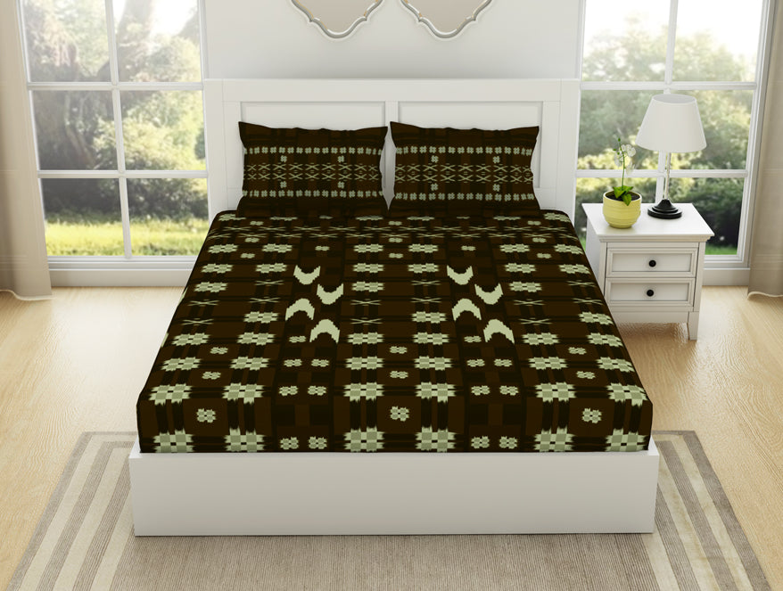 Spaces India Geometric Gothic Olive - Dark Brown 100% Cotton King Size Bedsheet - Ikkat By Spaces
