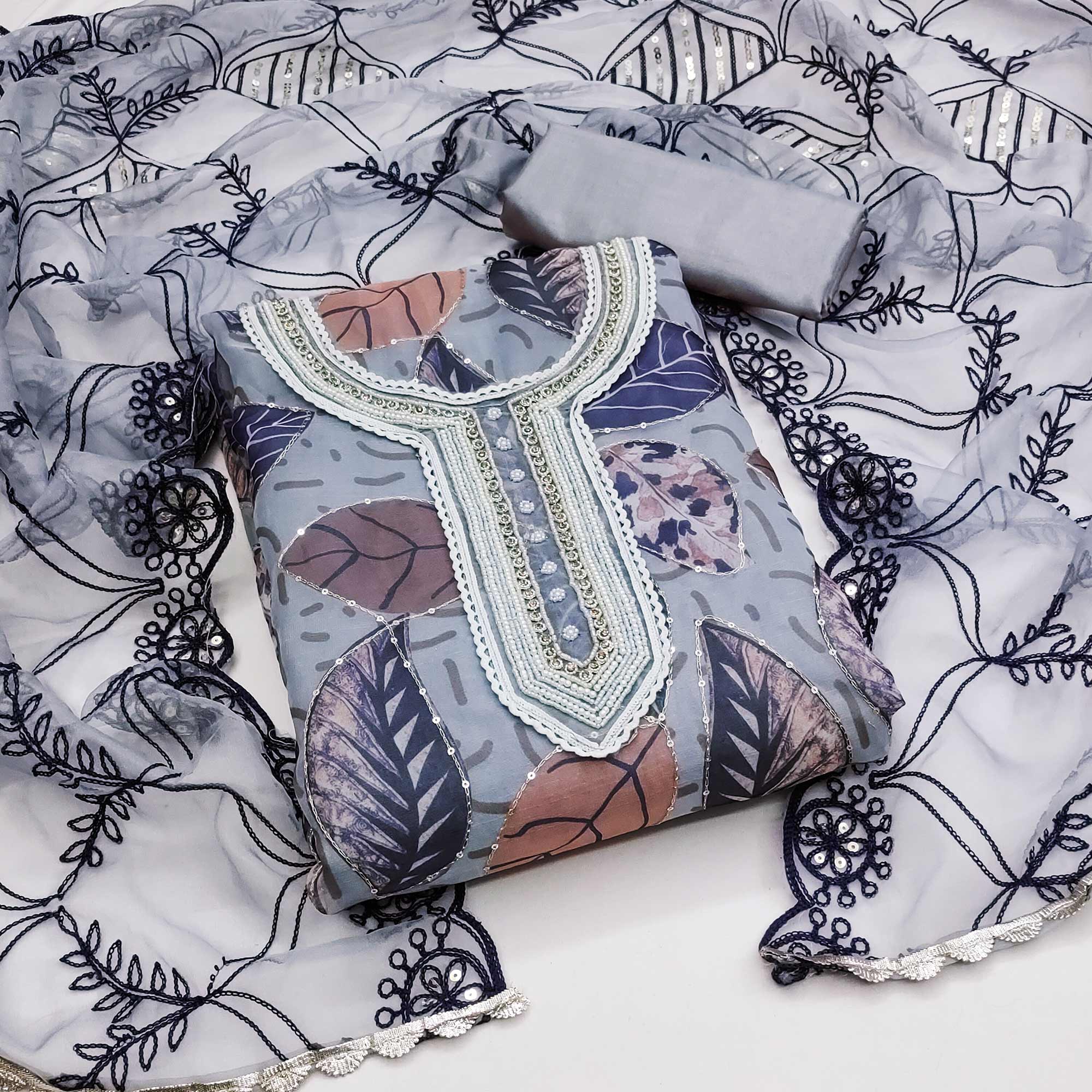 Peachmode Grey Printed Organza Dress Material