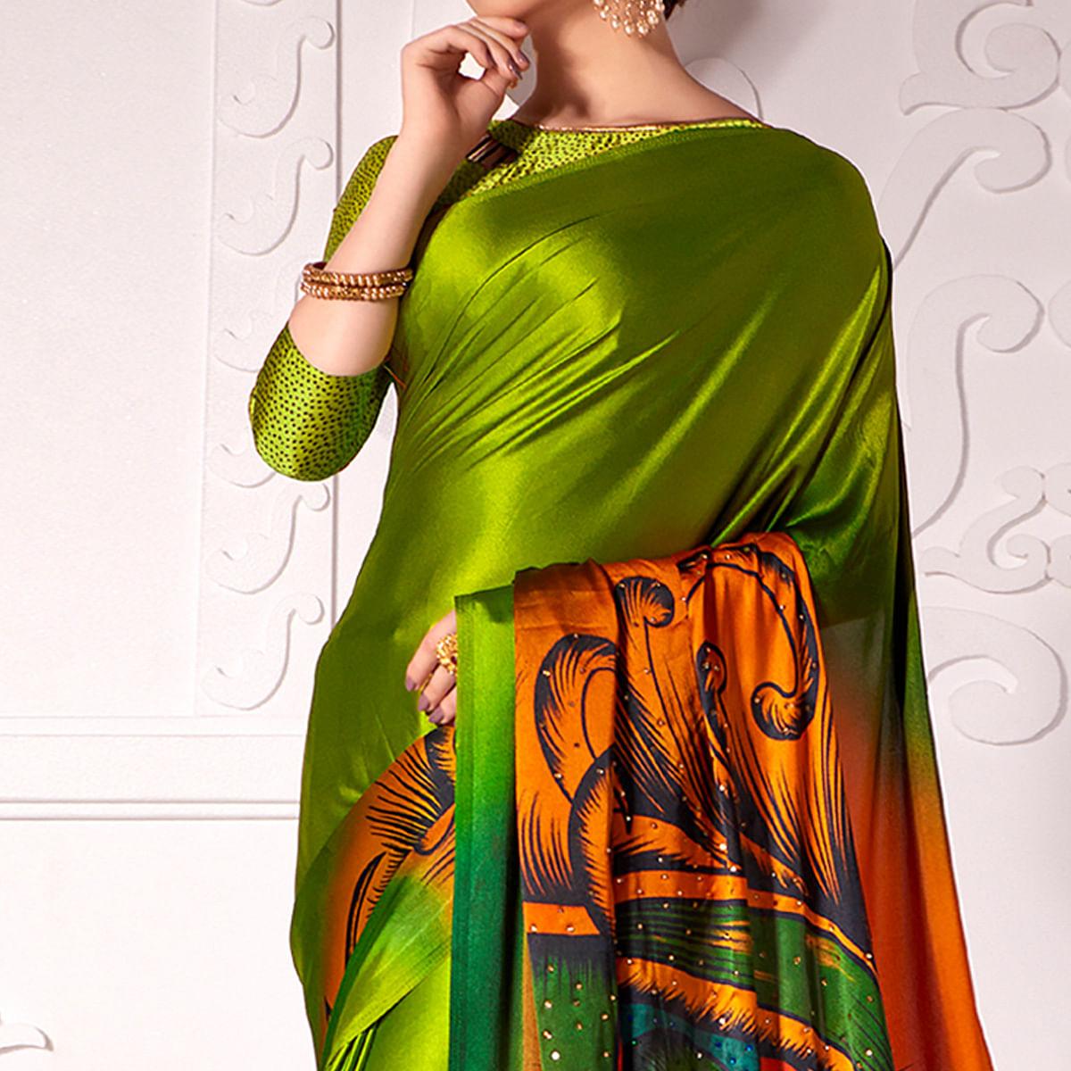 Peachmode Flamboyant Olive Green Colored Partywear Peacock Feather Printed Satin Saree - view 2