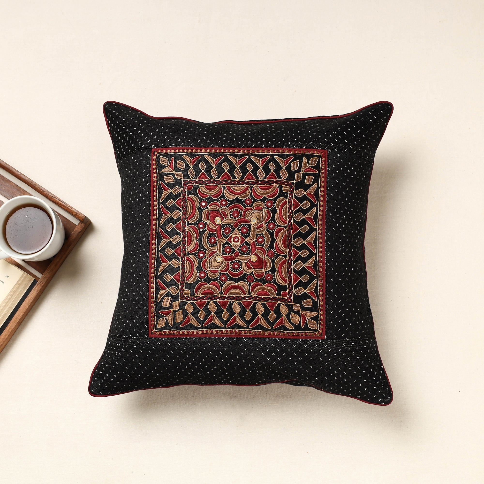 QASAB Black - Kutch Pakko Bherni Hand Embroidery Mashru Silk Cushion Cover (16 x 16 in)