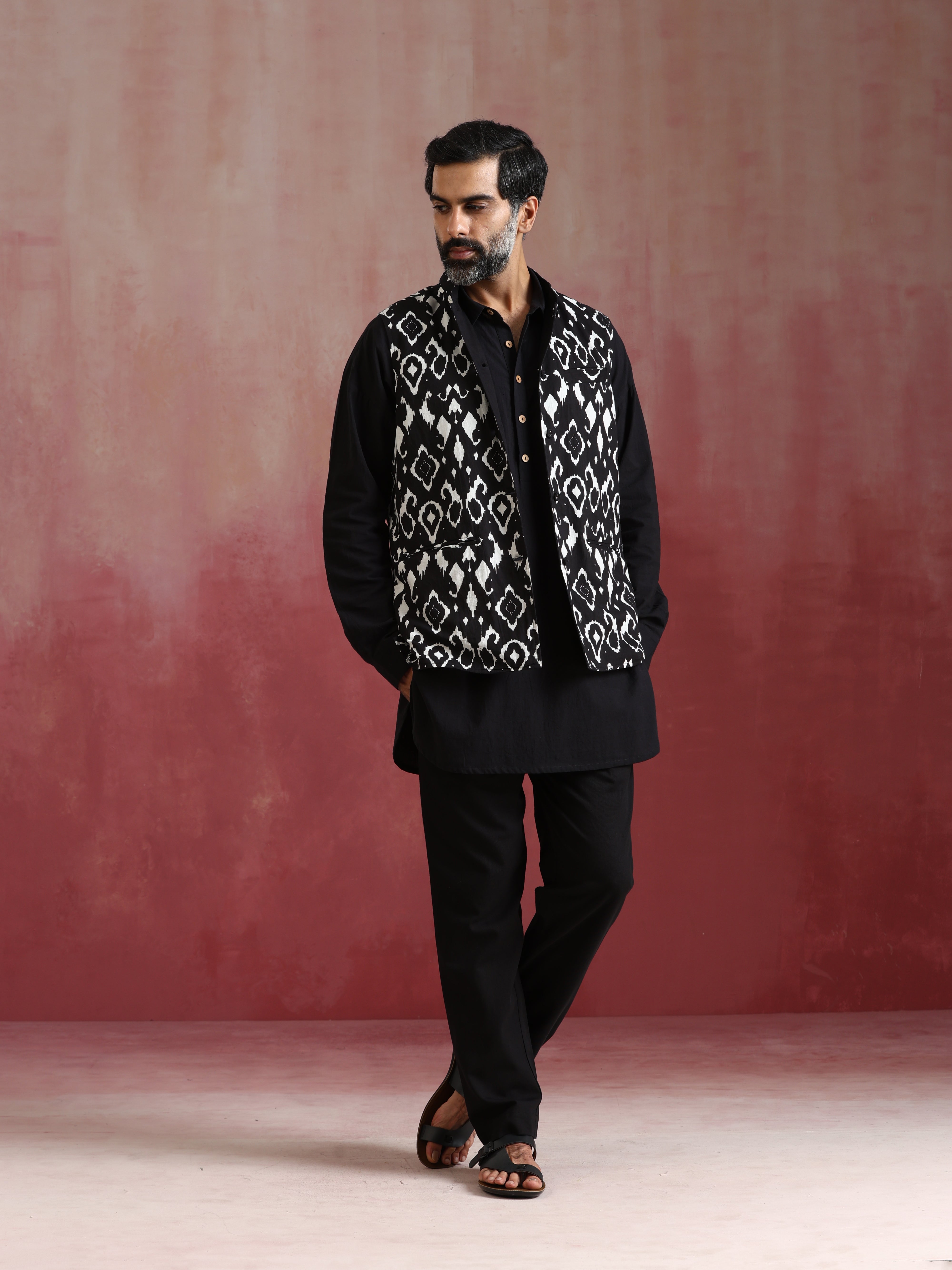 trueBrowns Men's Black Ikat Reversible Nehru Jacket - view 3