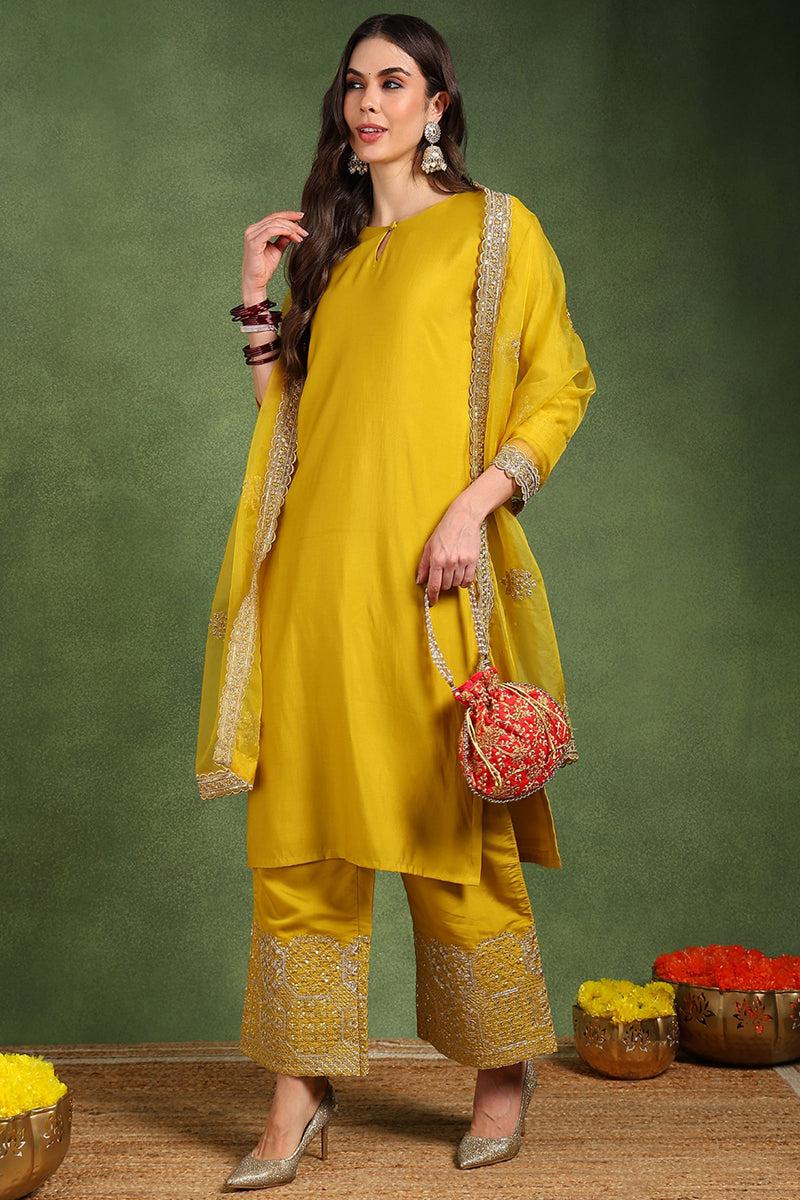 Ahika Yellow Silk Blend Solid Straight Suit Set With Palazzo Style Bottom PKSKD2742 - view 2