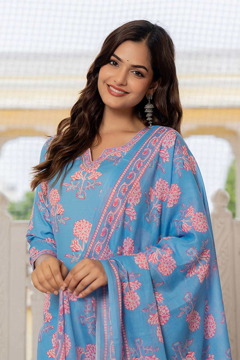 Ahika Blue Rayon Blend Floral Printed Straight Trouser Suit Set VKSKD2261