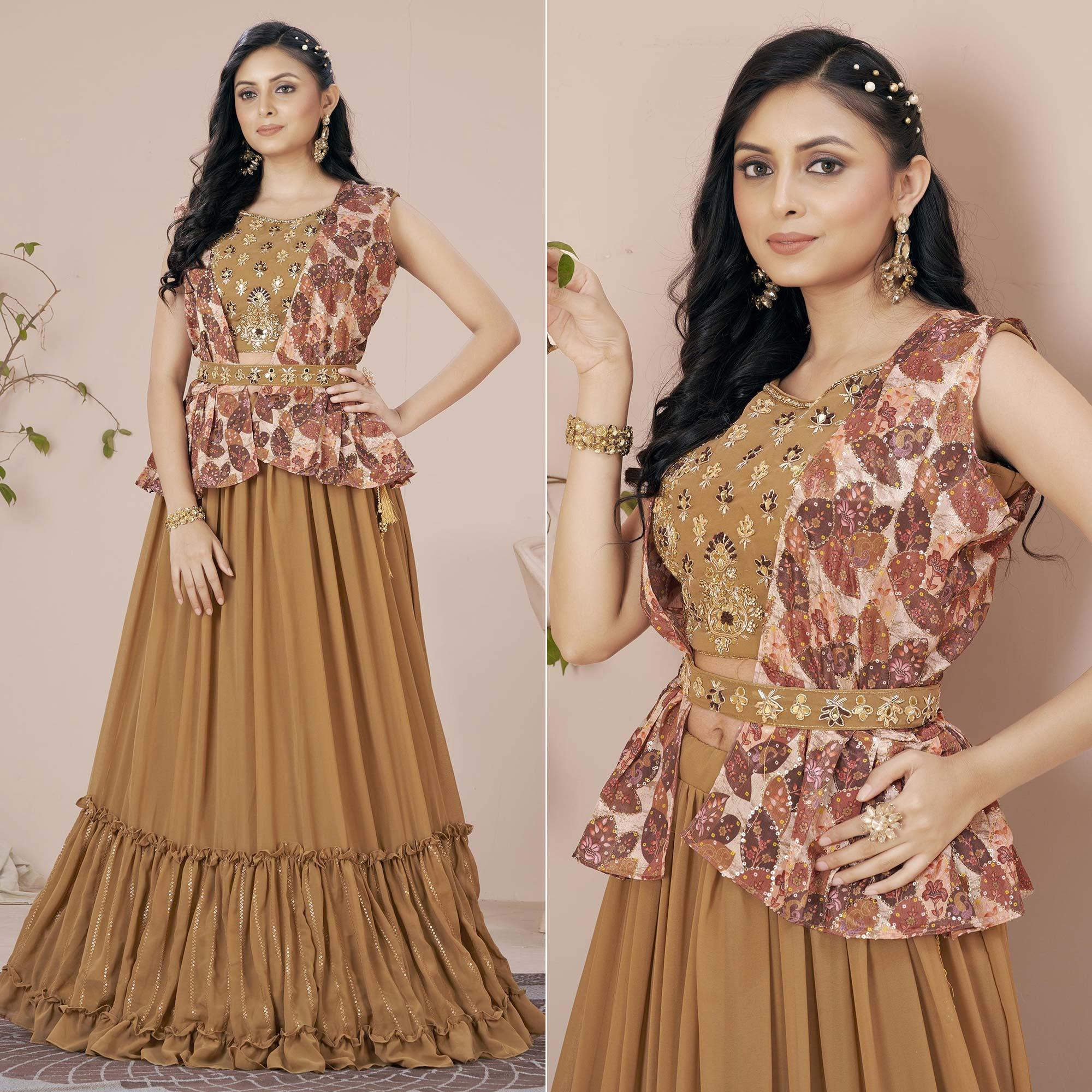 Peachmode Brown Solid Georgette Lehenga Choli