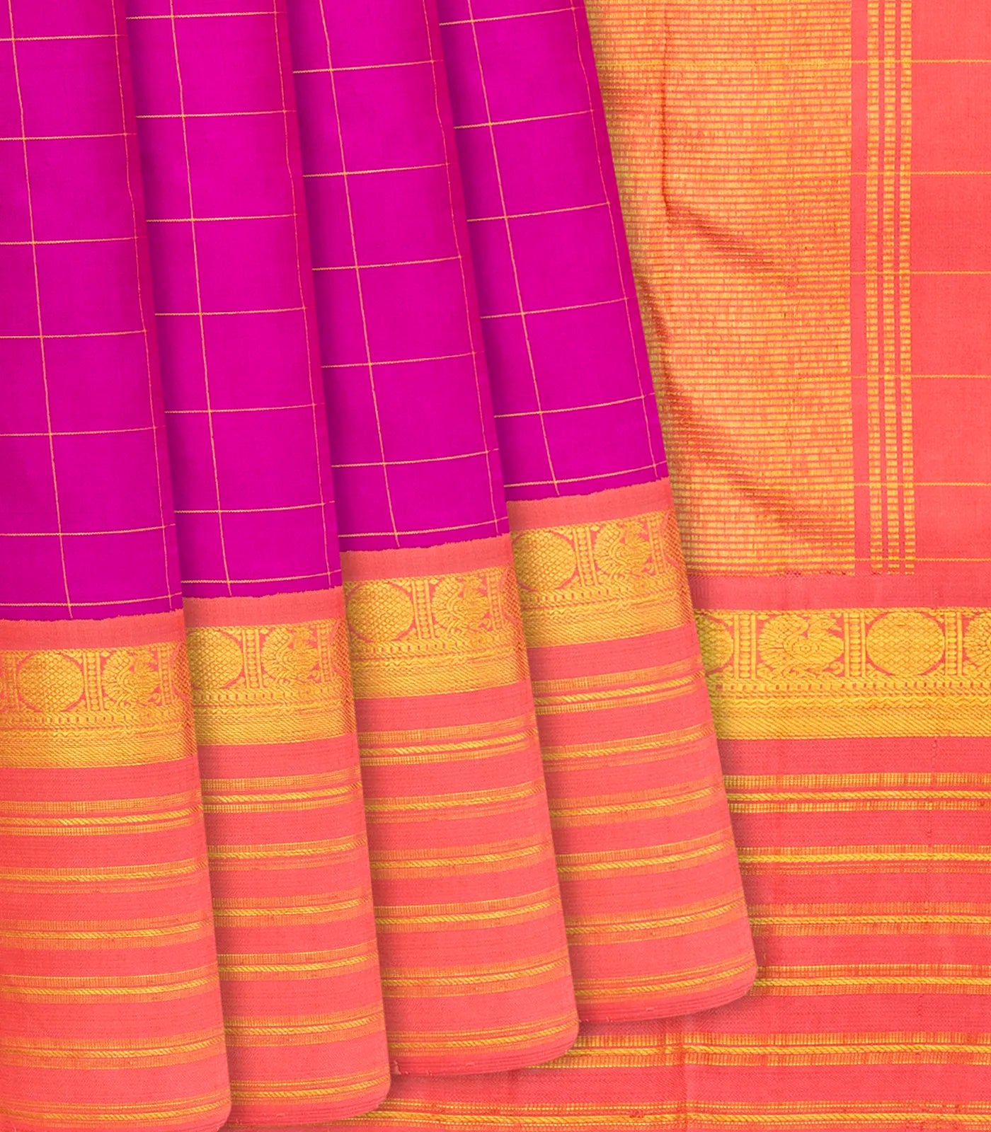RmKV Hot Pink Handloom Kanchipuram Korvai Silk Saree With Checks-Hot Pink