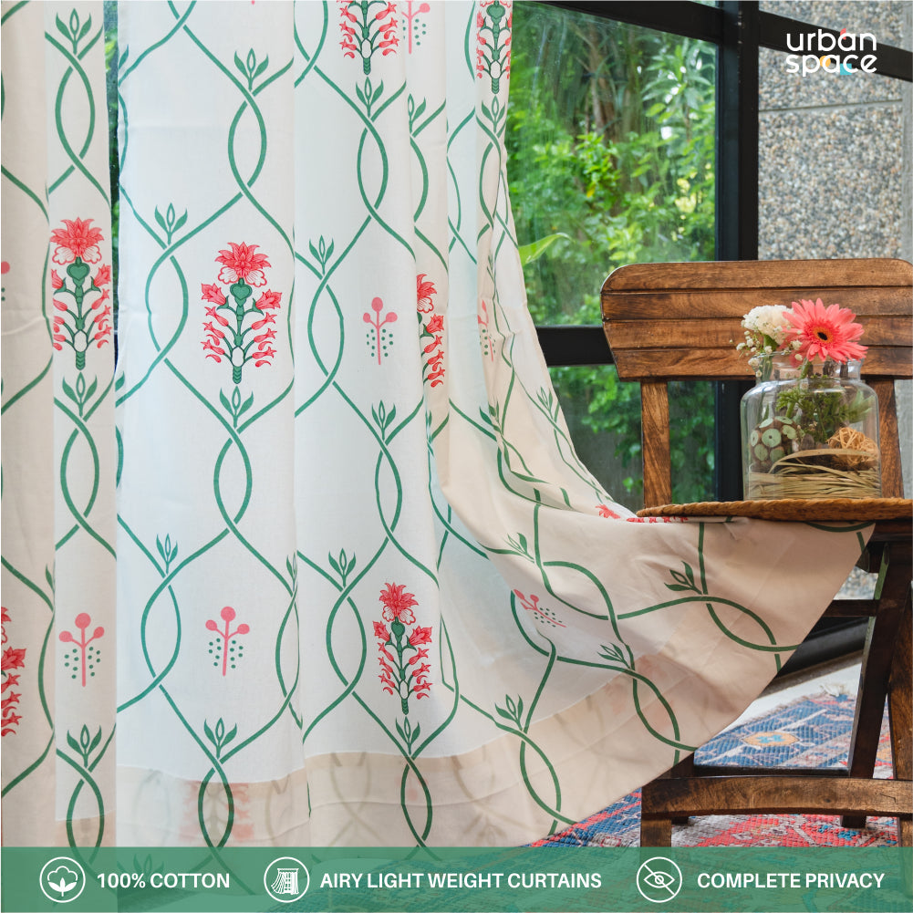 Urban Space -Home Furnishing Store 100% Cotton Room Darkening Curtains, Pack of 2 - Floral Ripples - Pink & Green - view 2