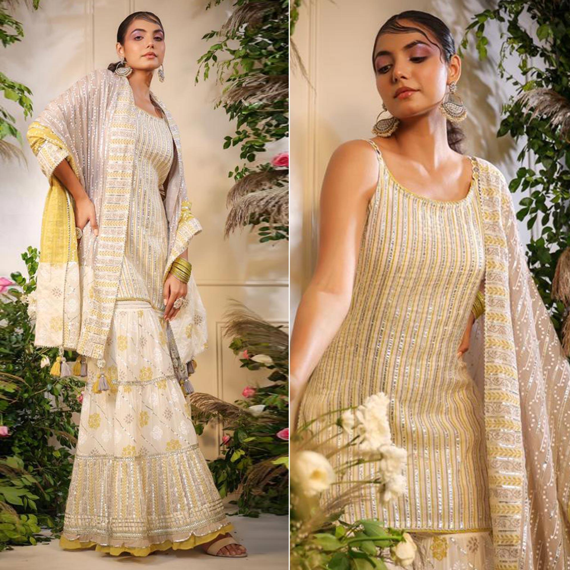 Peachmode Cream Printed With Gota Work Pure Cotton Sharara Suit